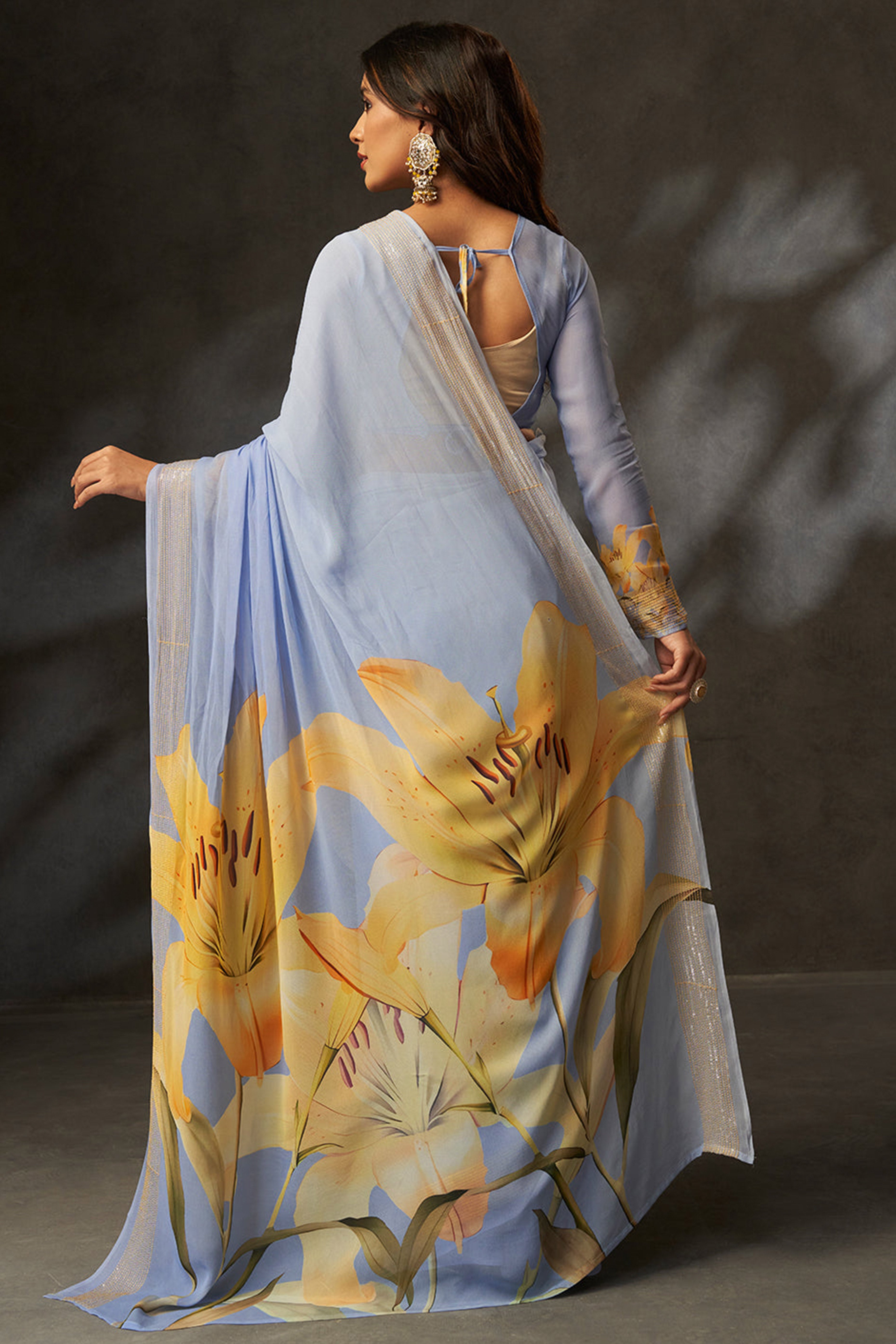 Graceful Blue Floral Digital Print Saree in Georgette With Artistic Crochet Border Work