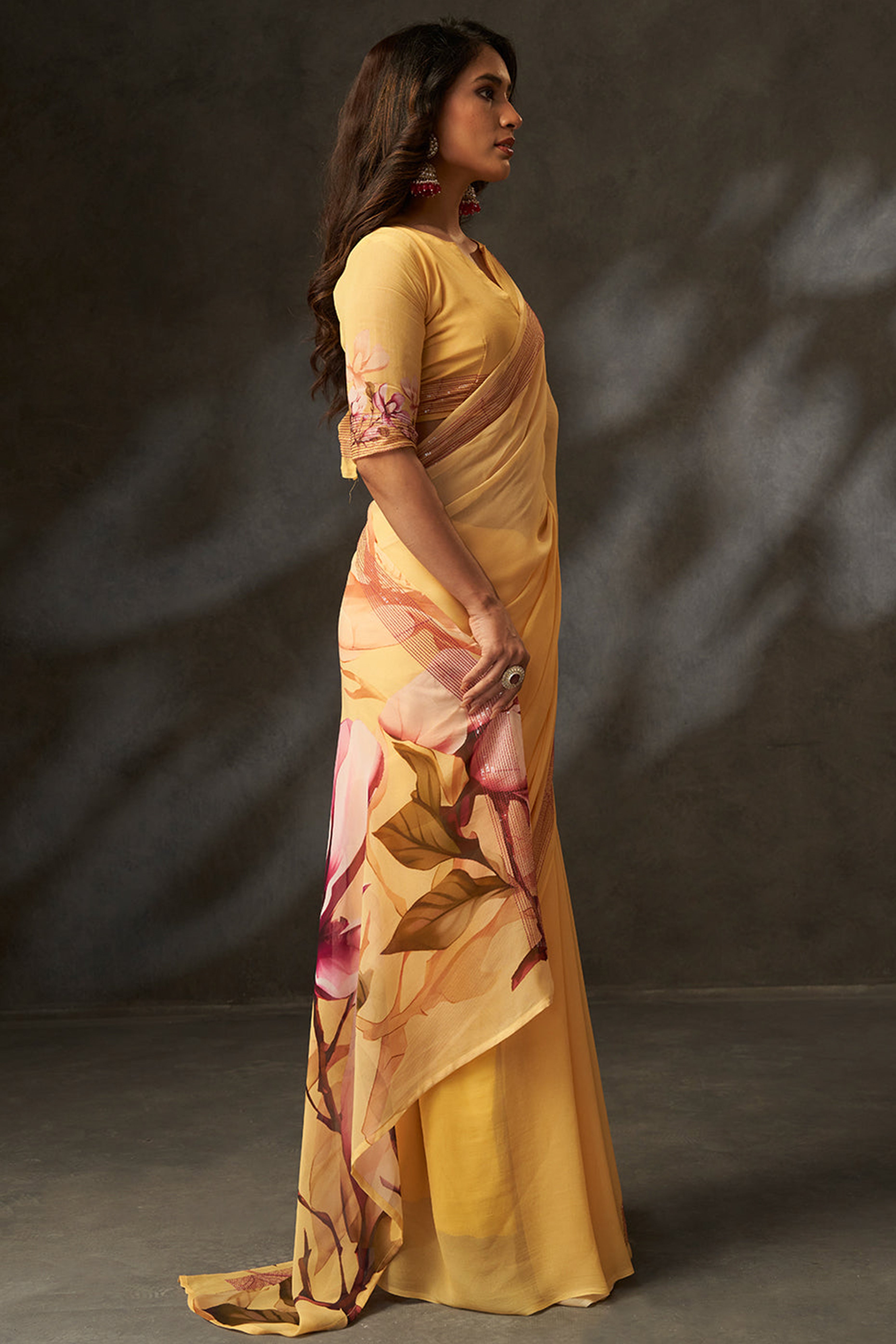 Graceful Yellow Floral Digital Print Saree in Georgette With Artistic Crochet Border Work