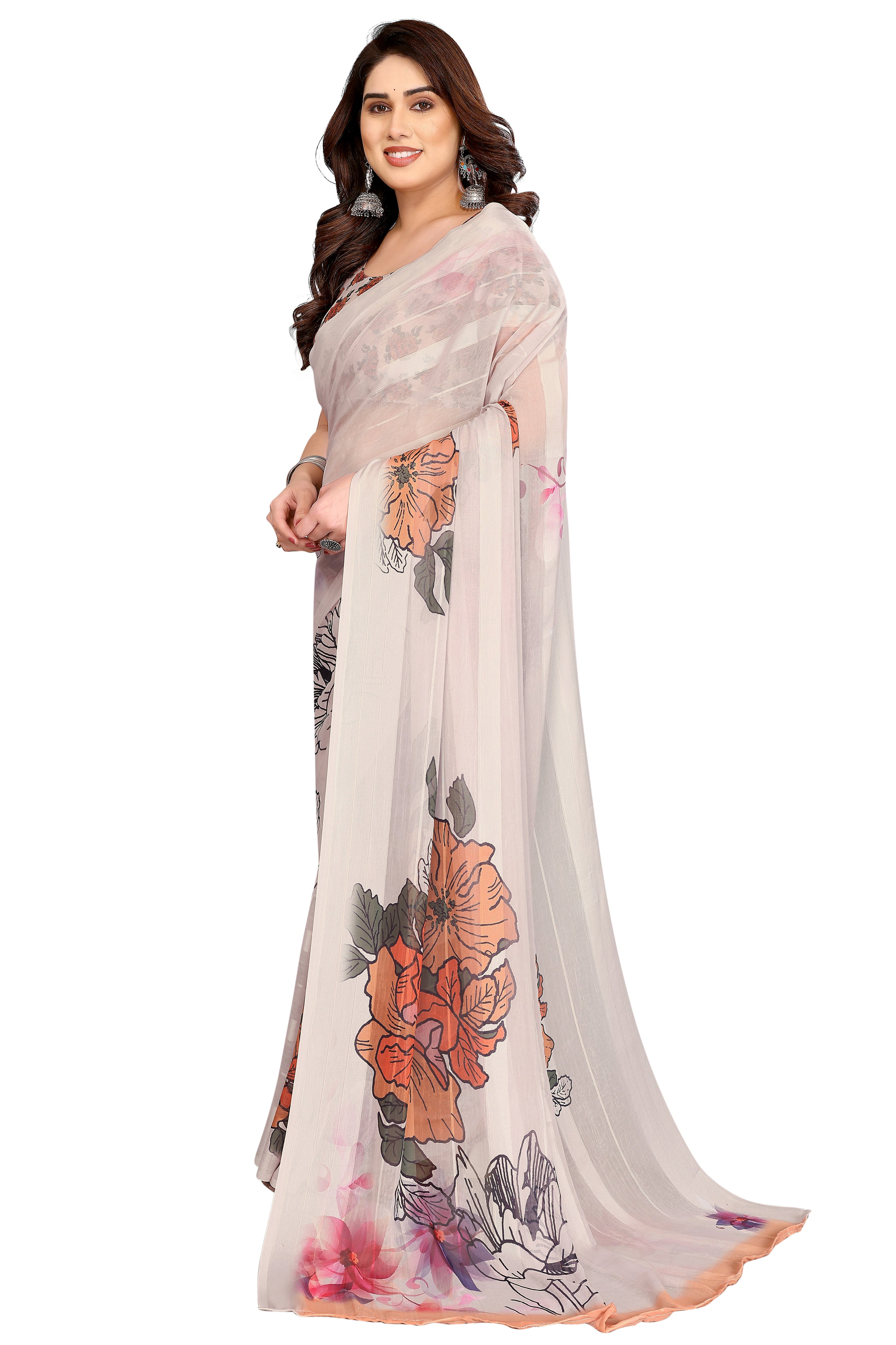 Graceful Beige Floral Digital Print Georgette Saree Featuring Zari Work & Vibrant Striped