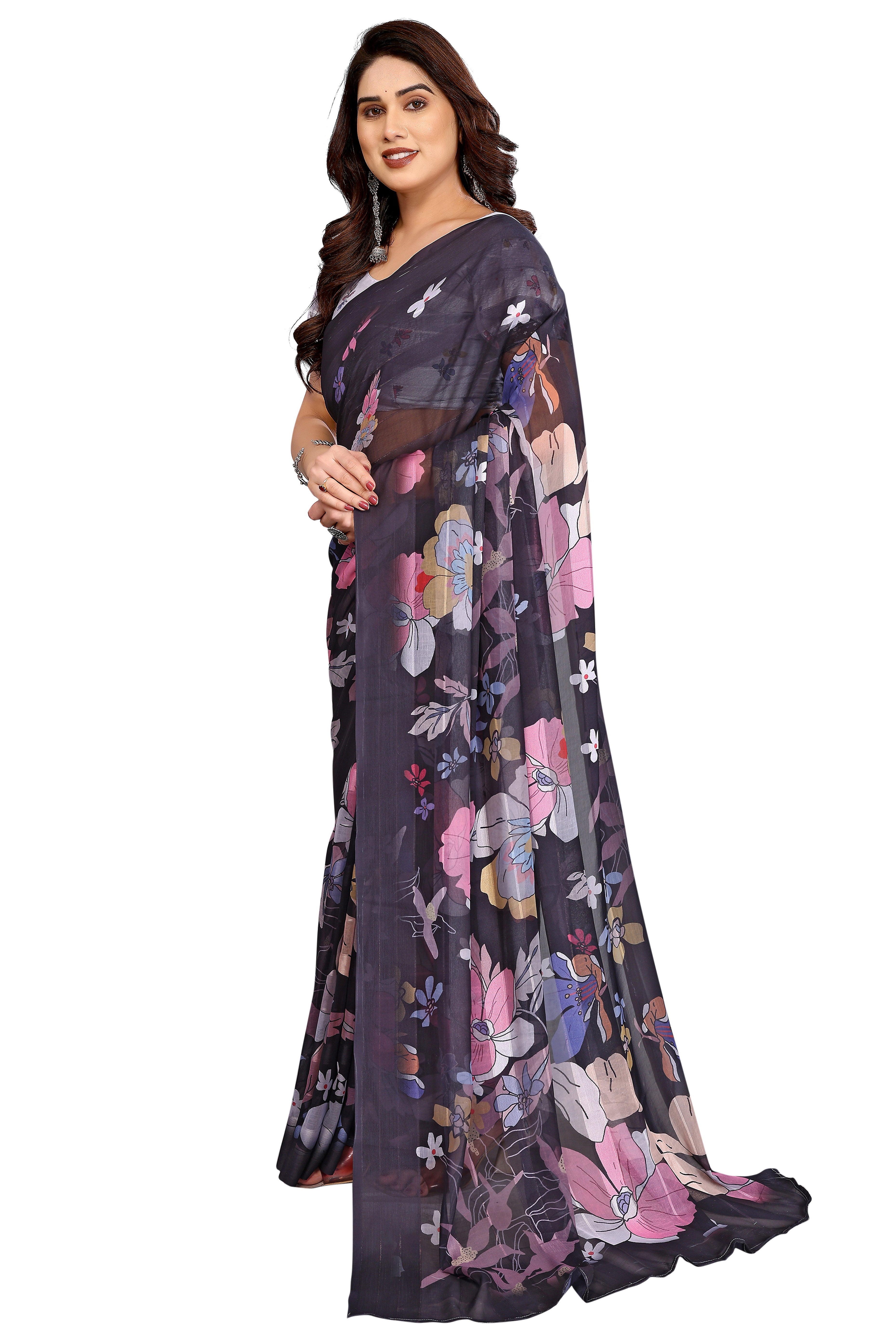 Graceful Black Floral Digital Print Georgette Saree Featuring Zari Work & Vibrant Striped