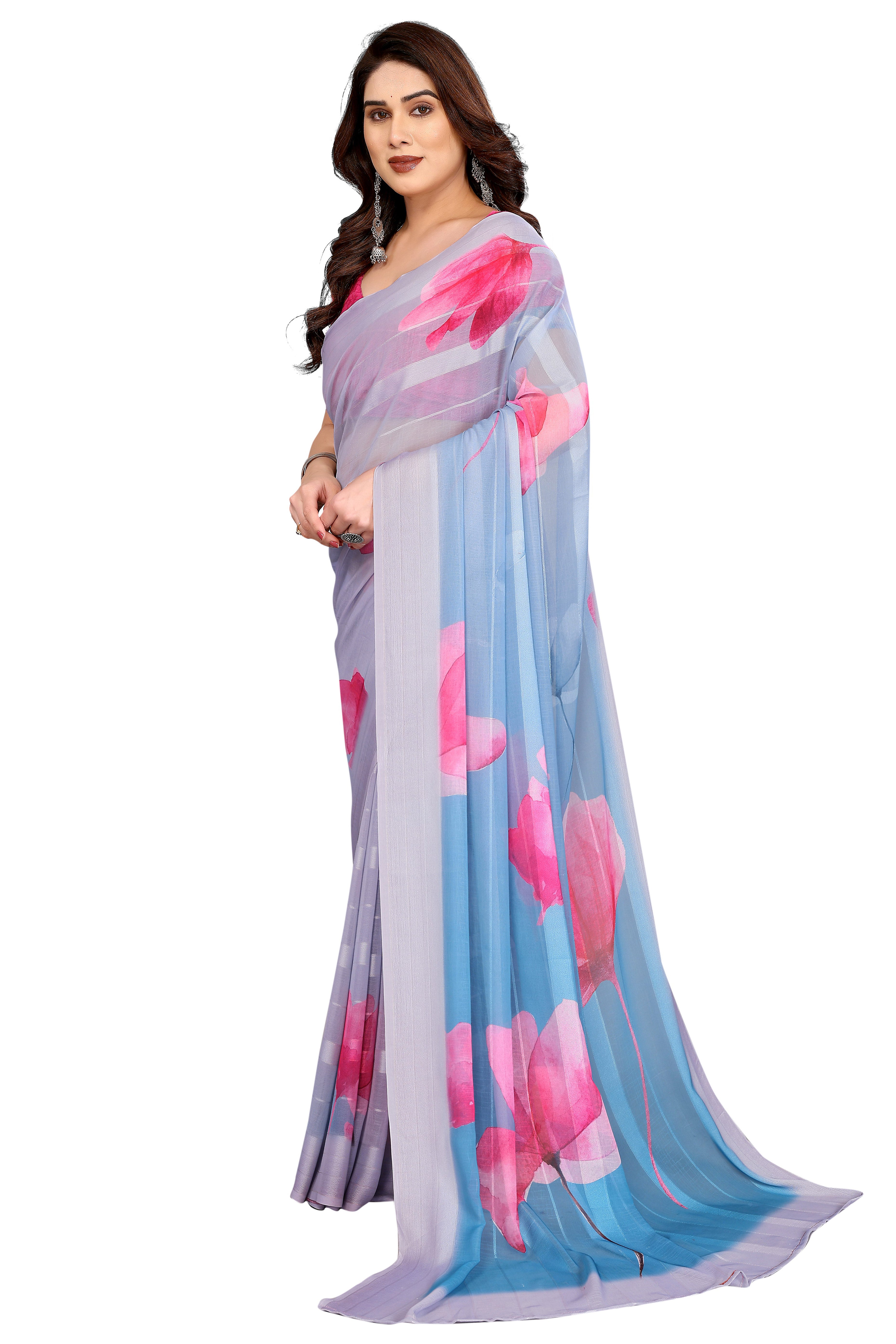 Graceful Grey Floral Digital Print Georgette Saree Featuring Zari Work & Vibrant Striped