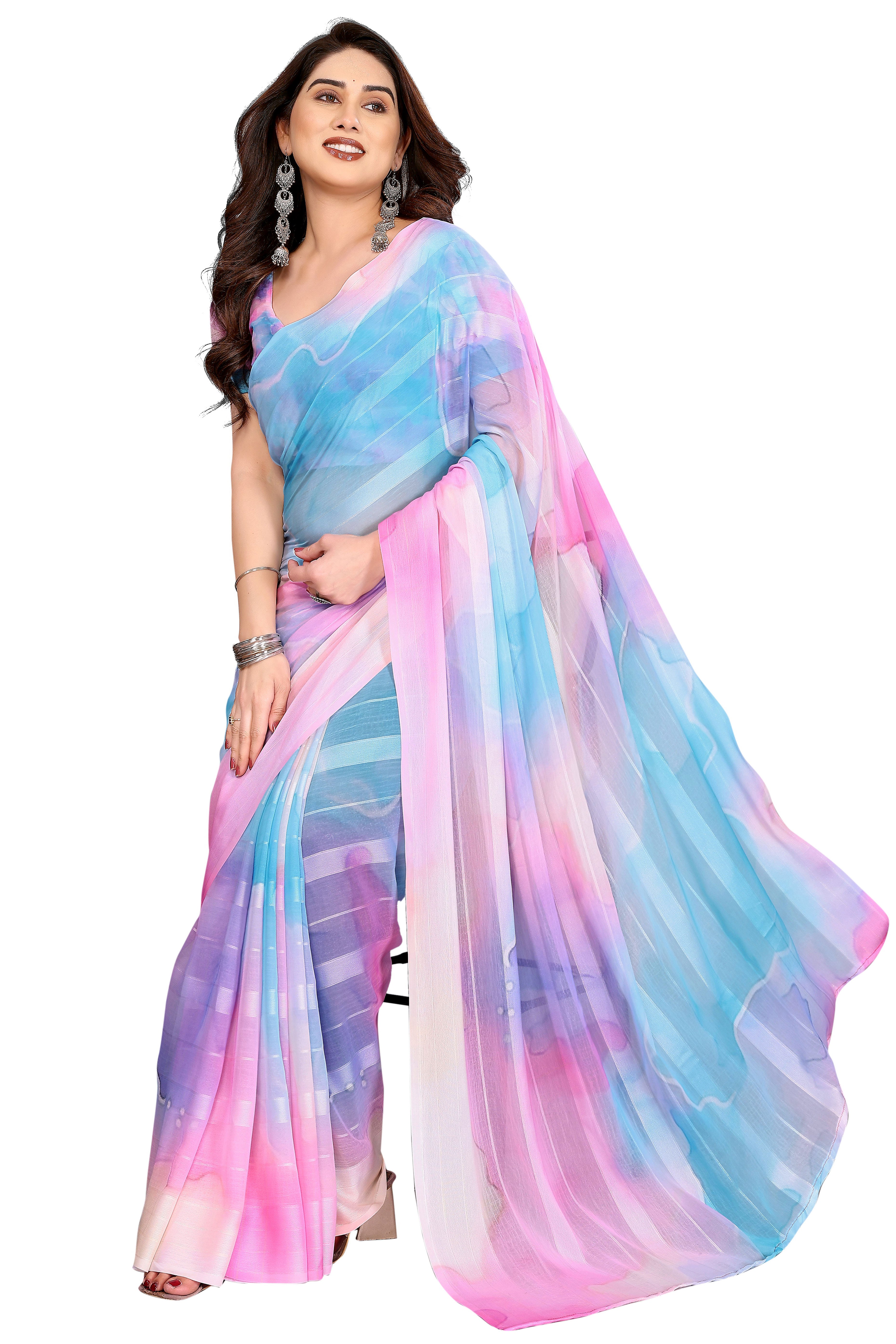 Graceful Multicolor Abstract Digital Print Georgette Saree Featuring Zari Work & Vibrant Striped
