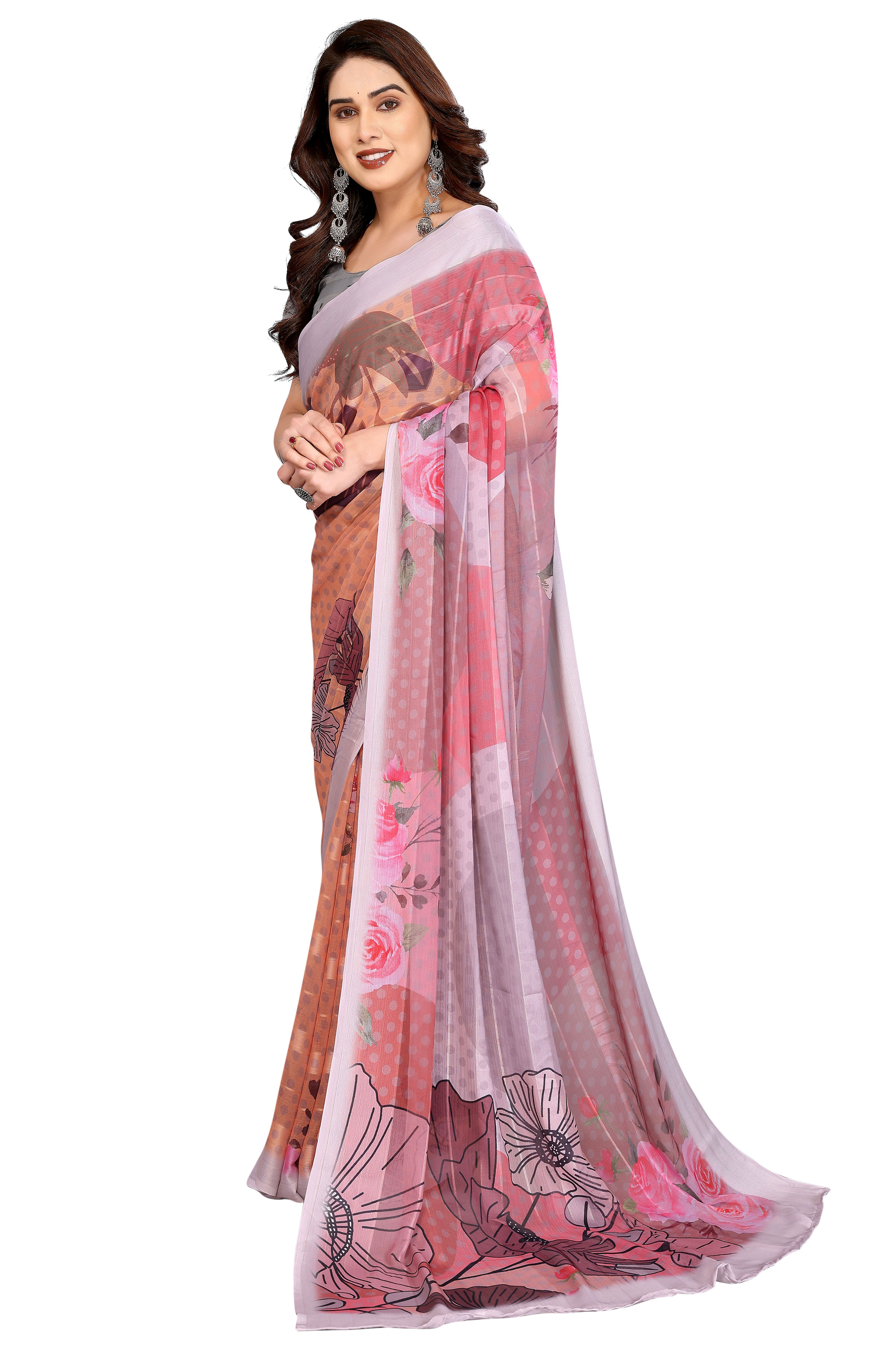 Graceful Dusty Peach Floral Digital Print Georgette Saree Featuring Zari Work & Vibrant Striped