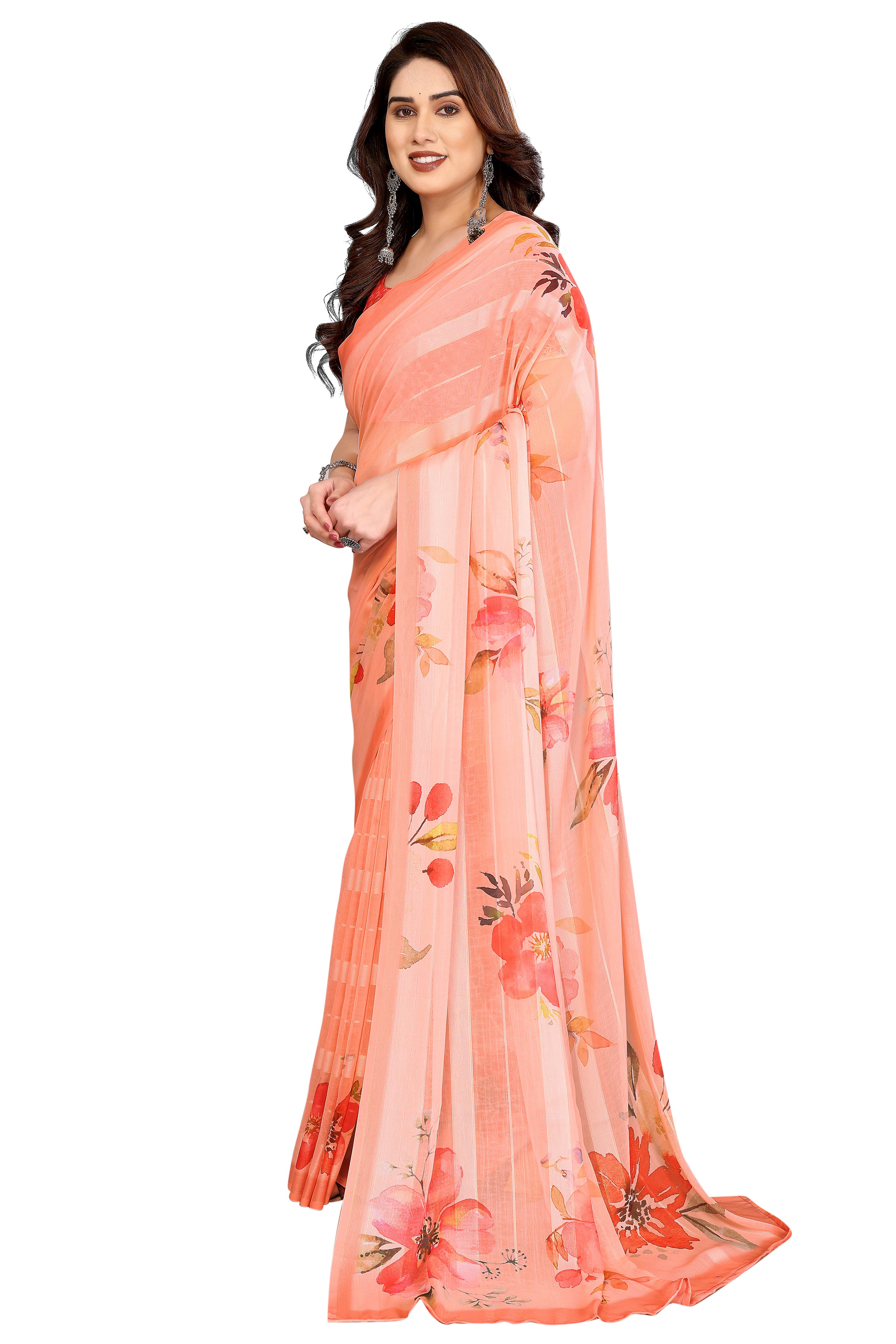 Graceful Peach Floral Digital Print Georgette Saree Featuring Zari Work & Vibrant Striped