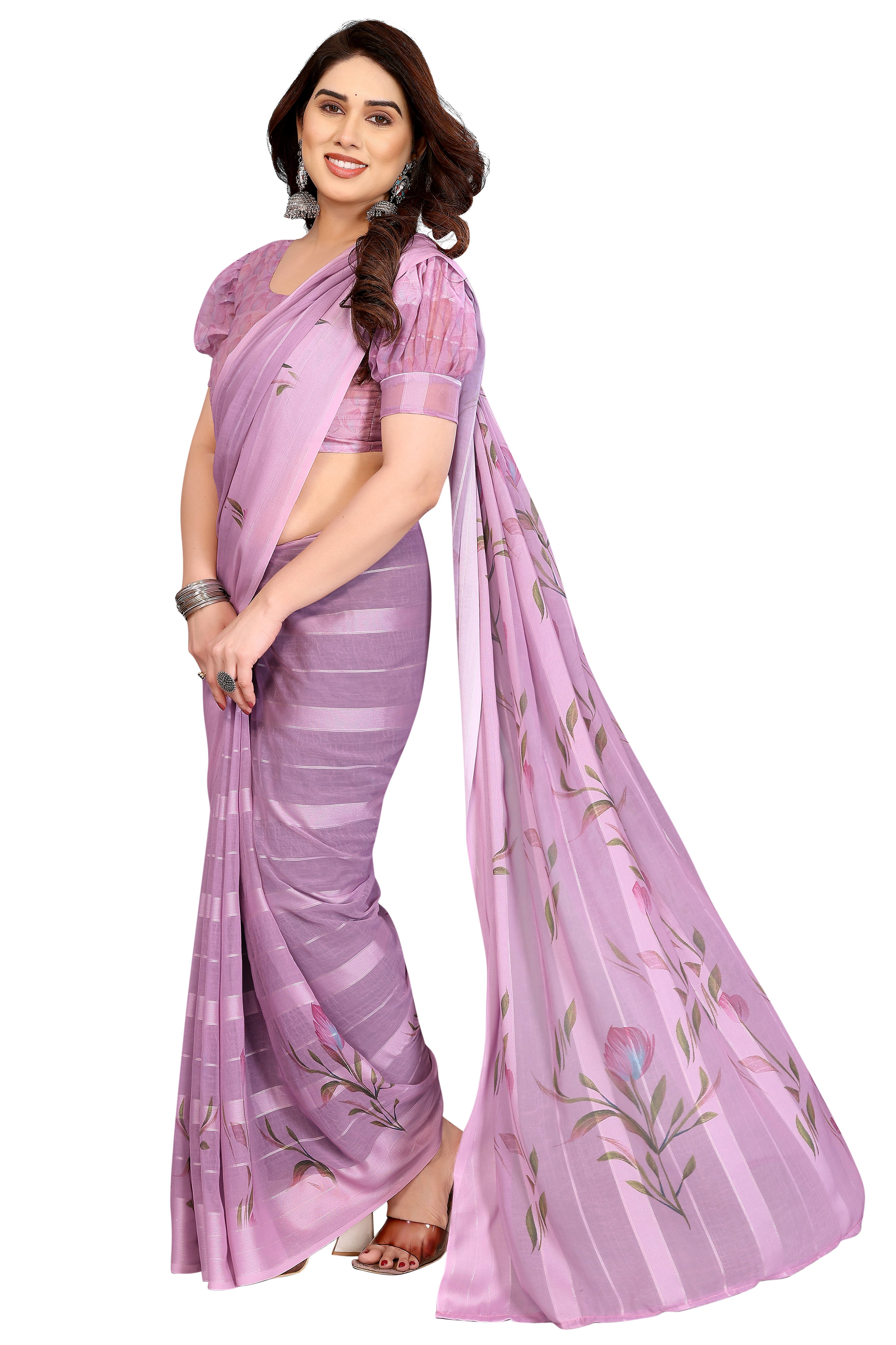 Graceful Light Purple Floral Digital Print Georgette Saree Featuring Zari Work & Vibrant Striped