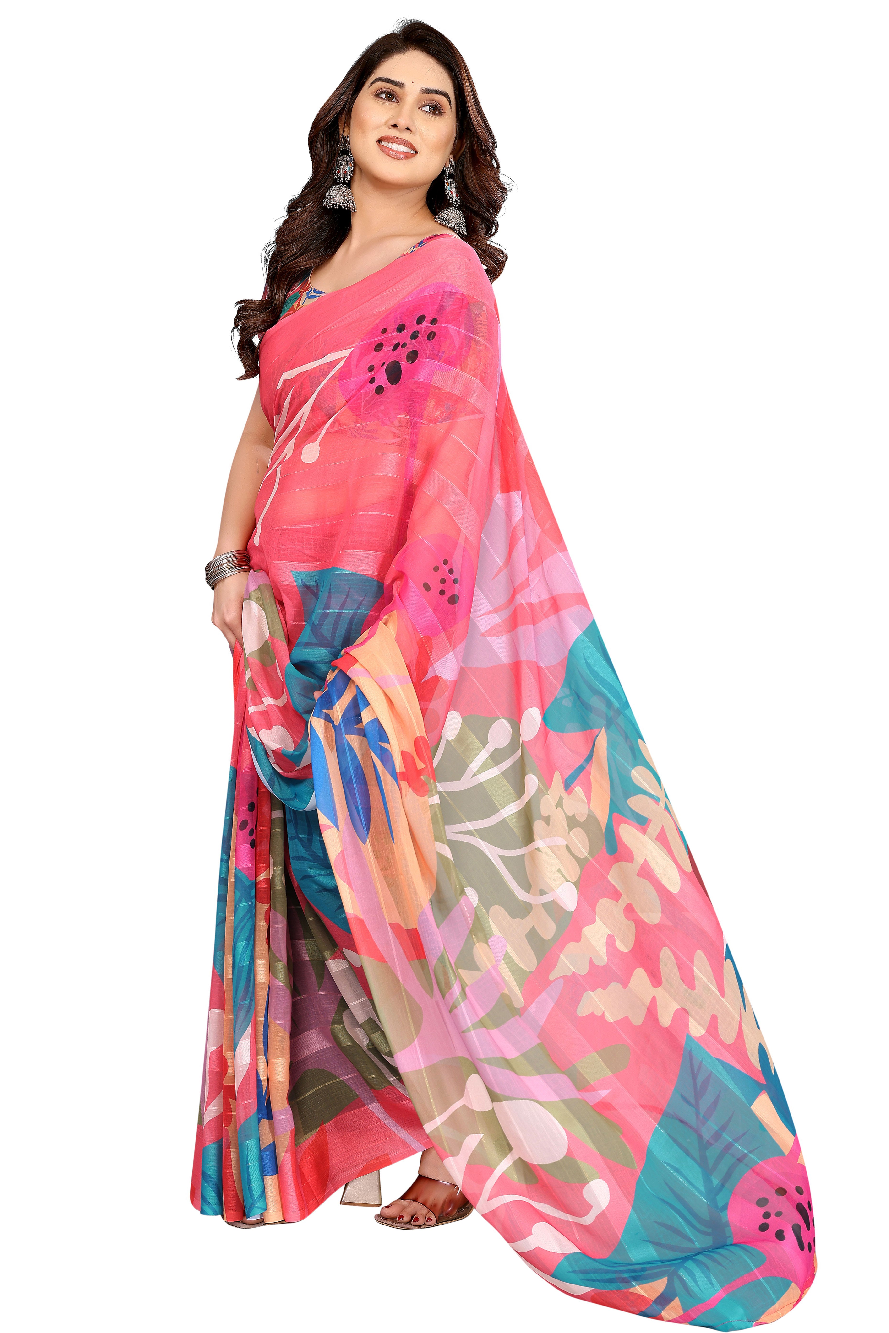 Graceful Gajari Pink Floral Digital Print Georgette Saree Featuring Zari Work & Vibrant Striped