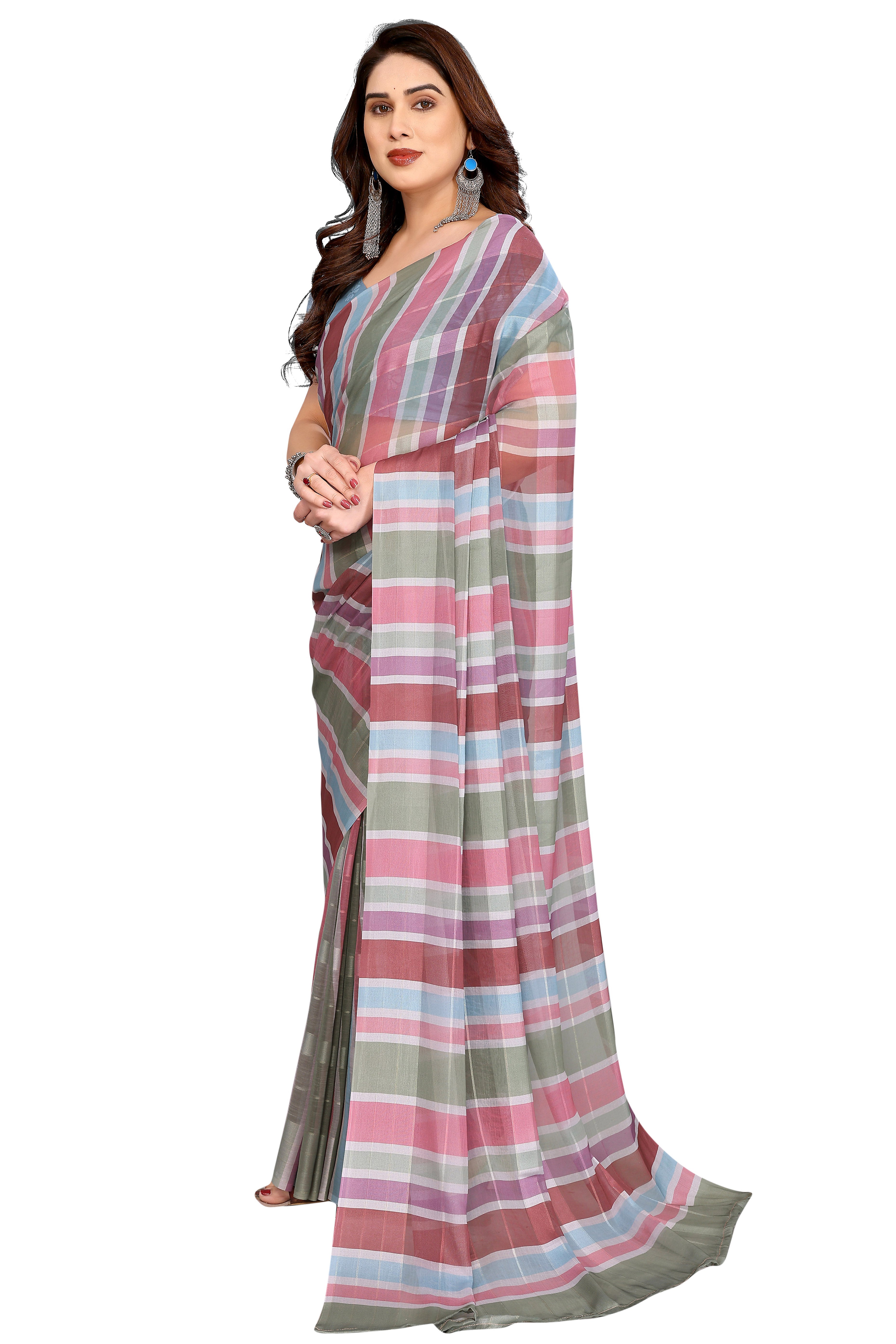 Graceful Multicolor Digital Print Georgette Saree Featuring Zari Work & Vibrant Striped