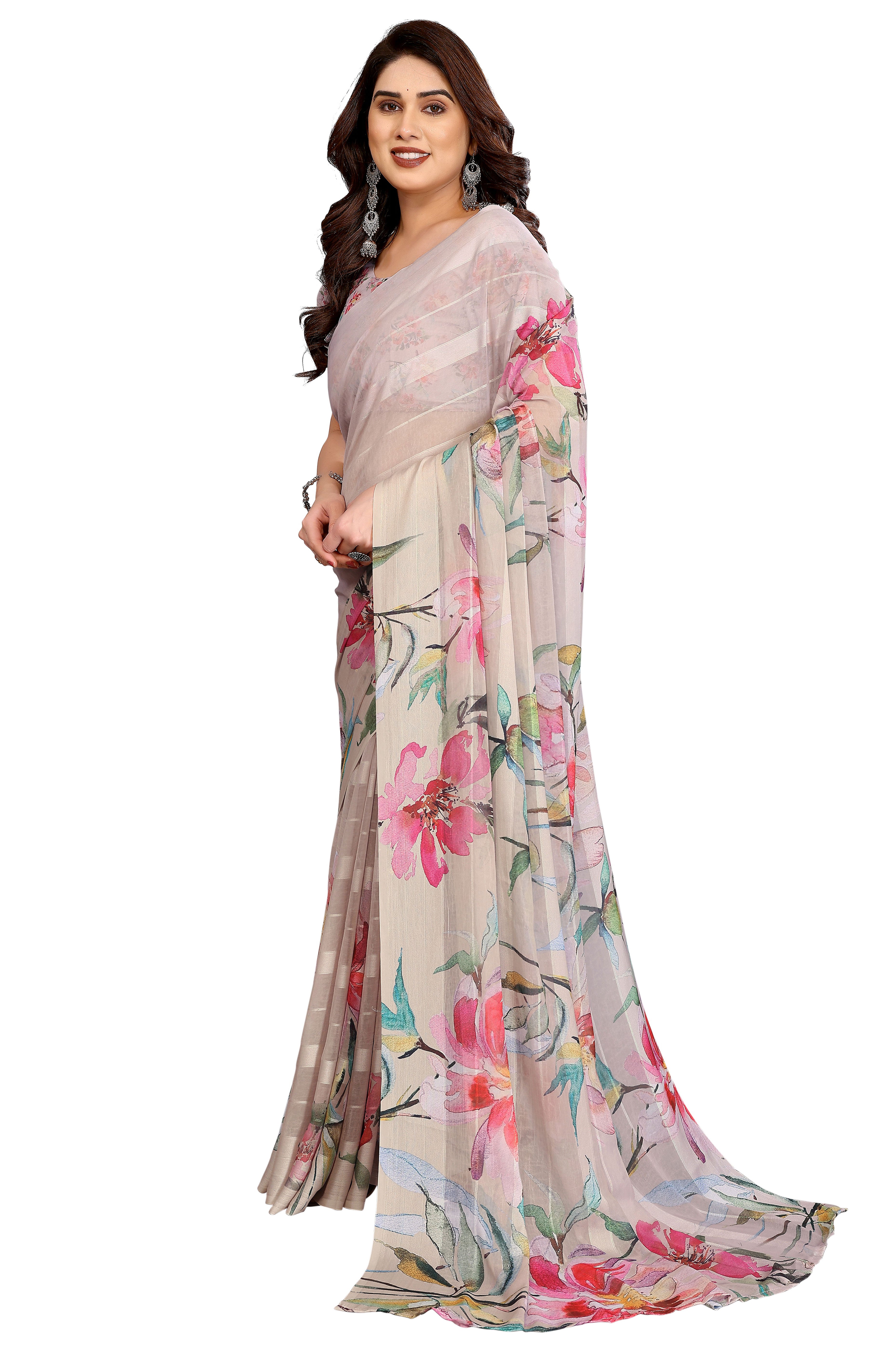 Sophisticated Beige Floral Digital Print Georgettte Saree With Zari Touch & Striped Design