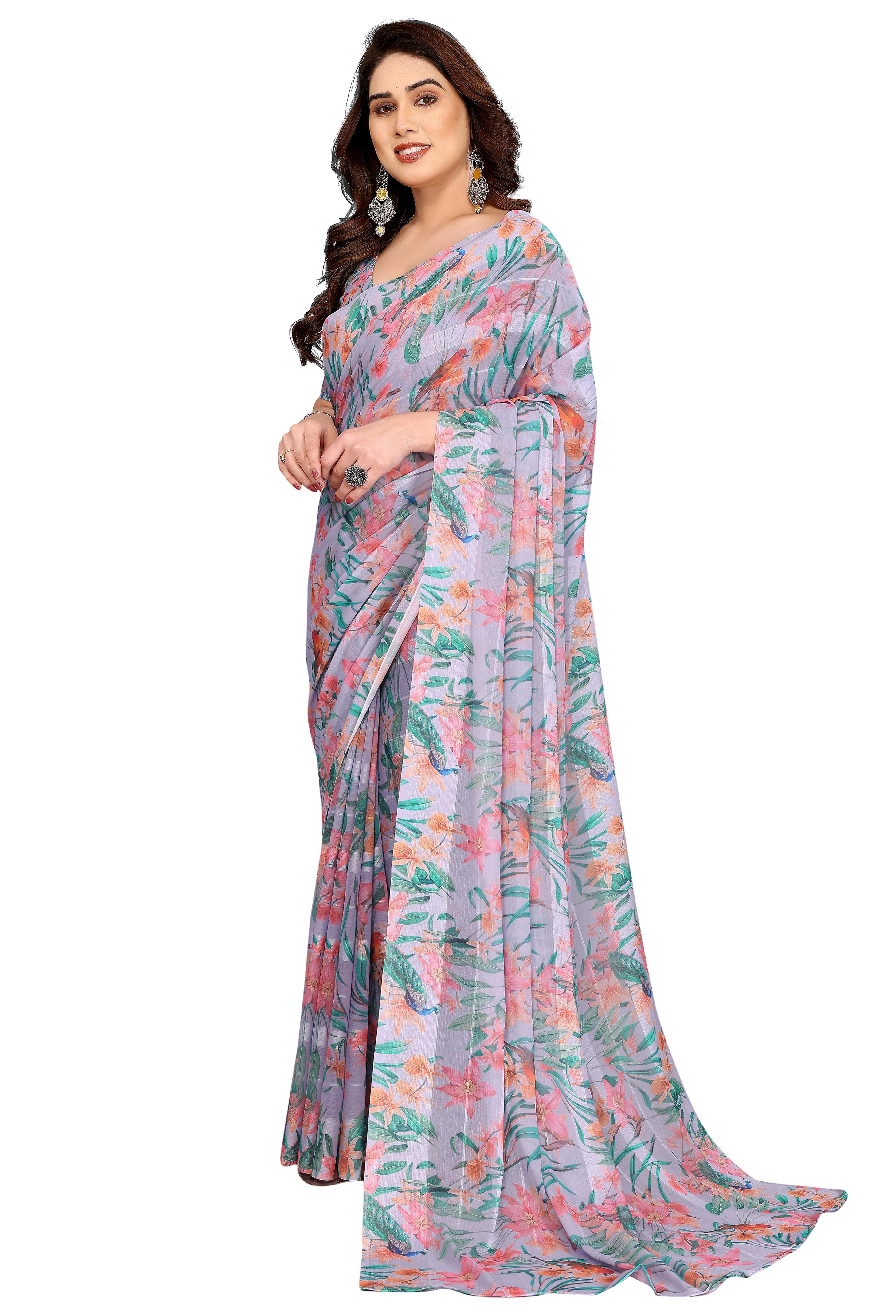Sophisticated Grey Floral Digital Print Georgettte Saree With Zari Touch & Striped Design