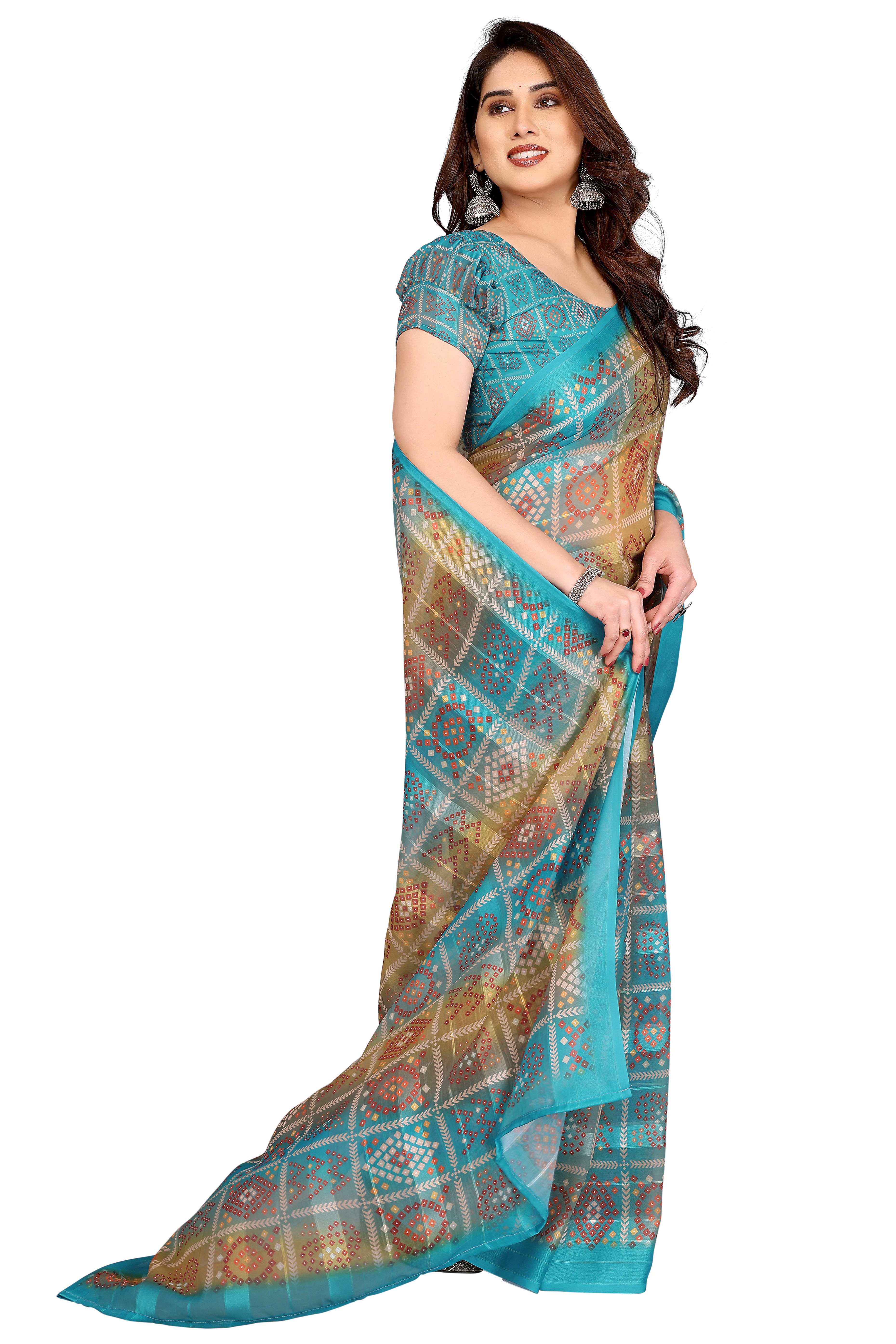 Sophisticated Rama Blue Bandhani Digital Print Georgettte Saree With Zari Touch & Striped Design