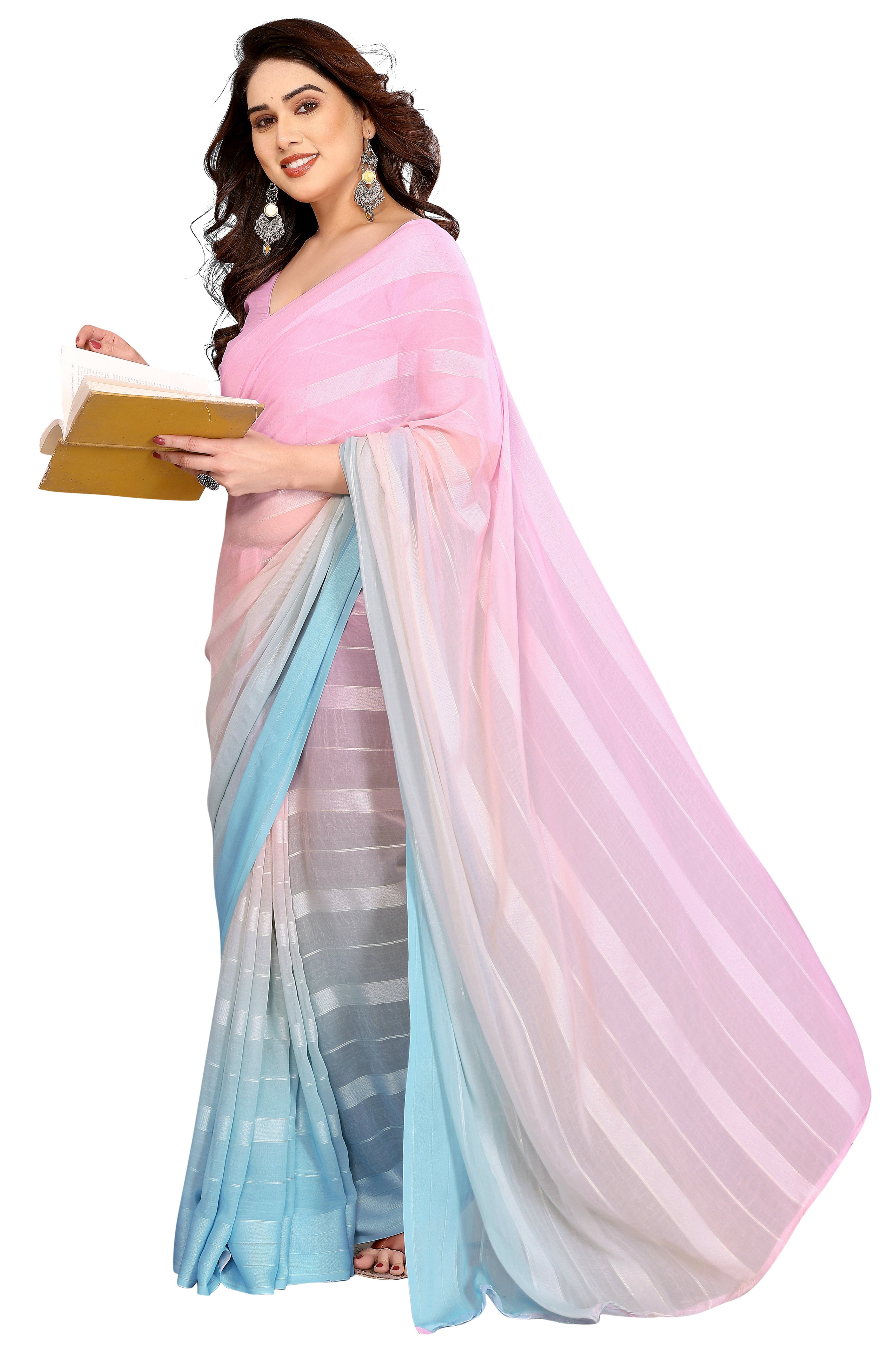 Sophisticated Multicolor Digital Print Georgettte Saree With Zari Touch & Striped Design