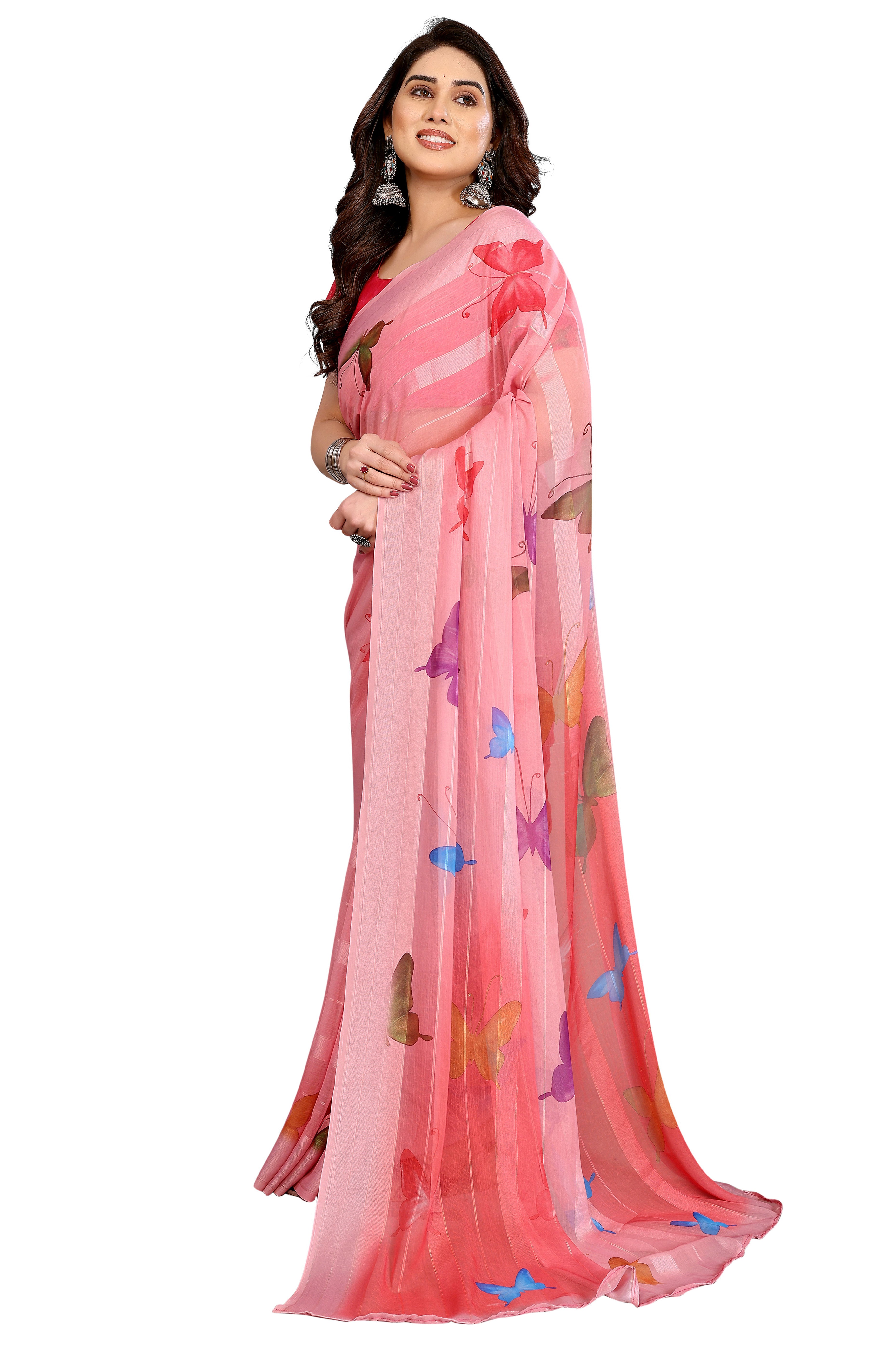 Sophisticated Pink Digital Print Georgettte Saree With Zari Touch & Striped Design