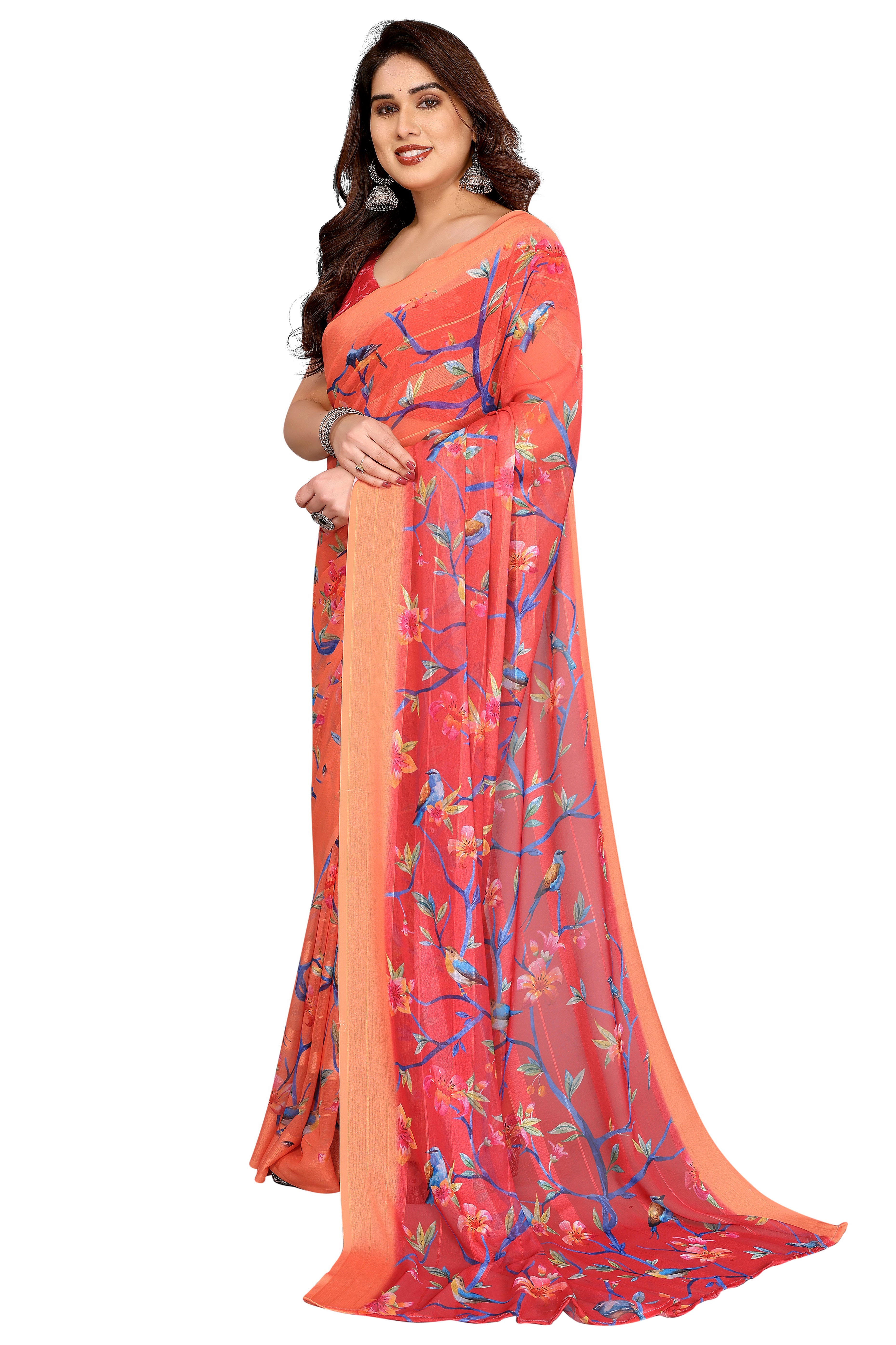 Sophisticated Red Floral Digital Print Georgettte Saree With Zari Touch & Striped Design