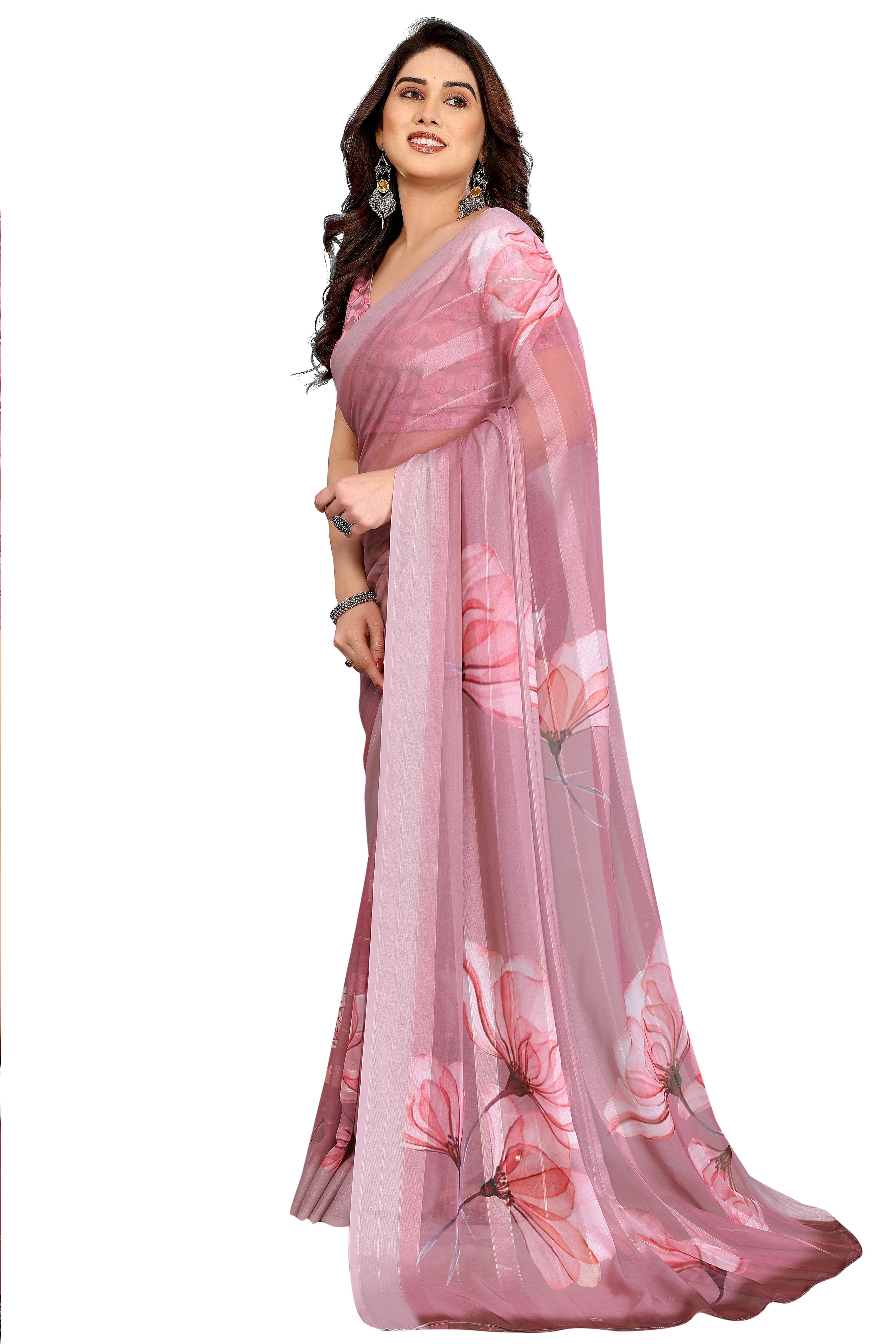 Sophisticated Light Mauve Floral Digital Print Georgettte Saree With Zari Touch & Striped Design