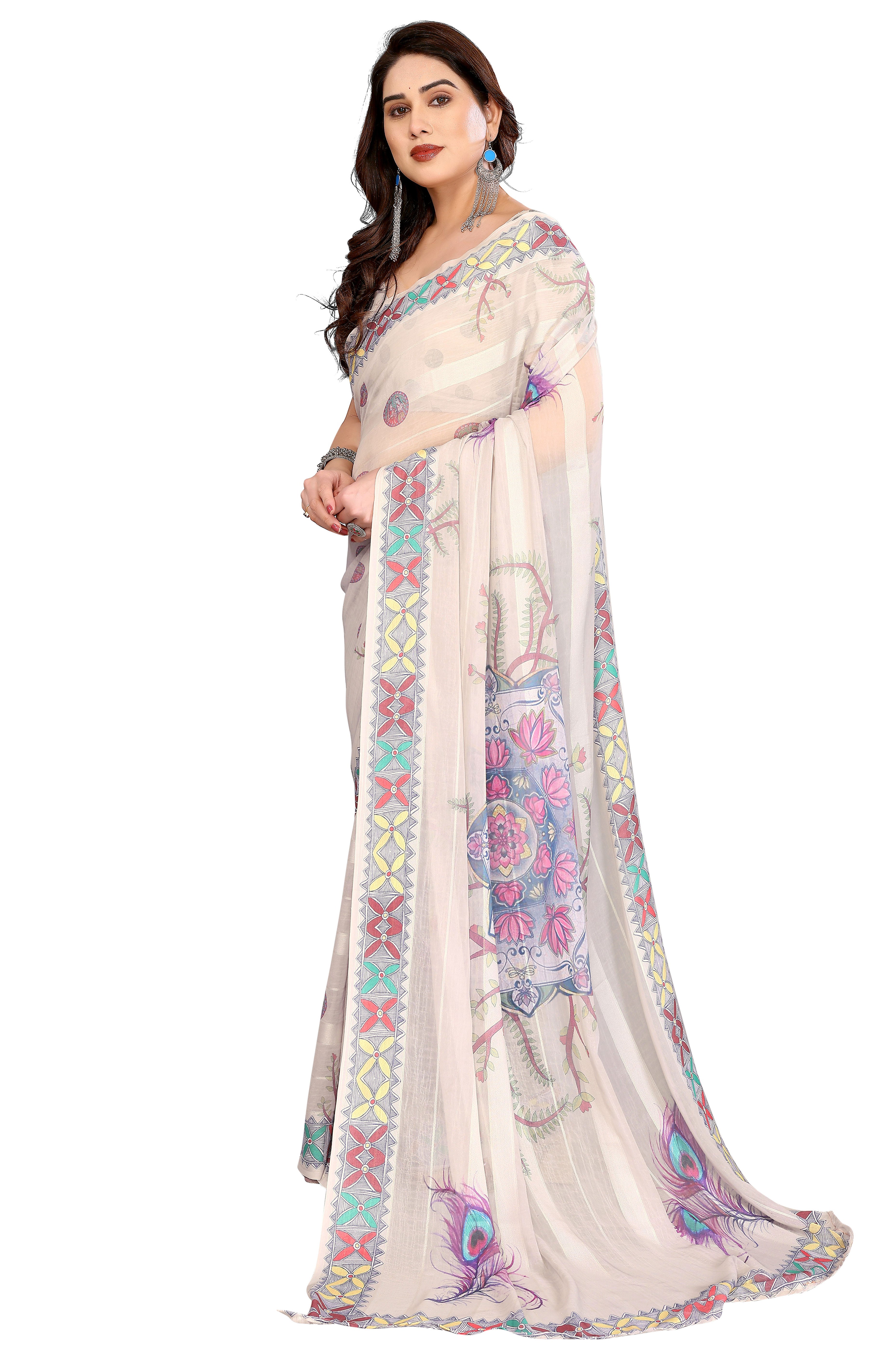 Classic Beige Floral Digital Print Georgette Saree With Refined Zari & Stylish Striped