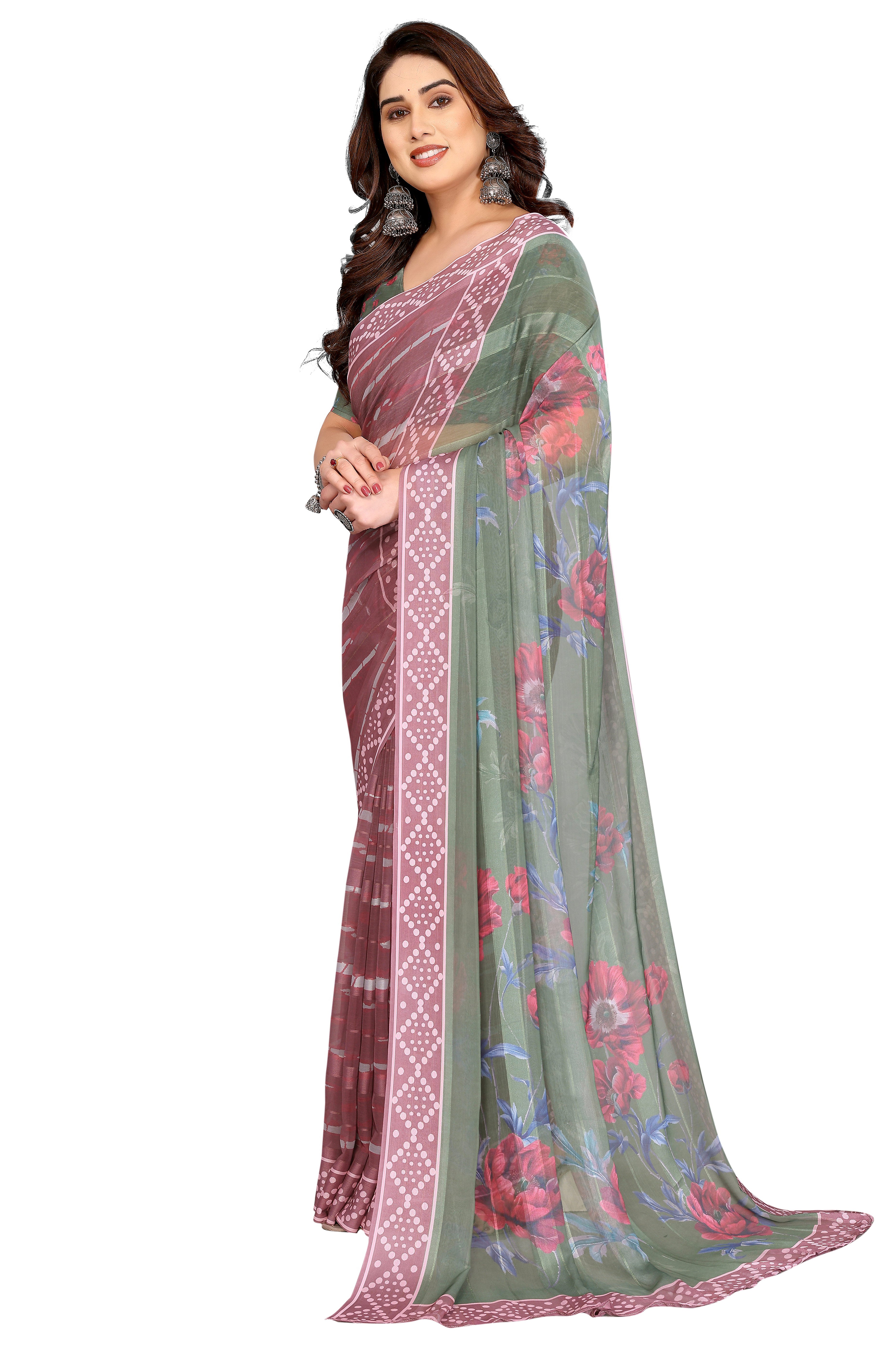 Classic Light Mauve Floral Digital Print Georgette Saree With Refined Zari & Stylish Striped