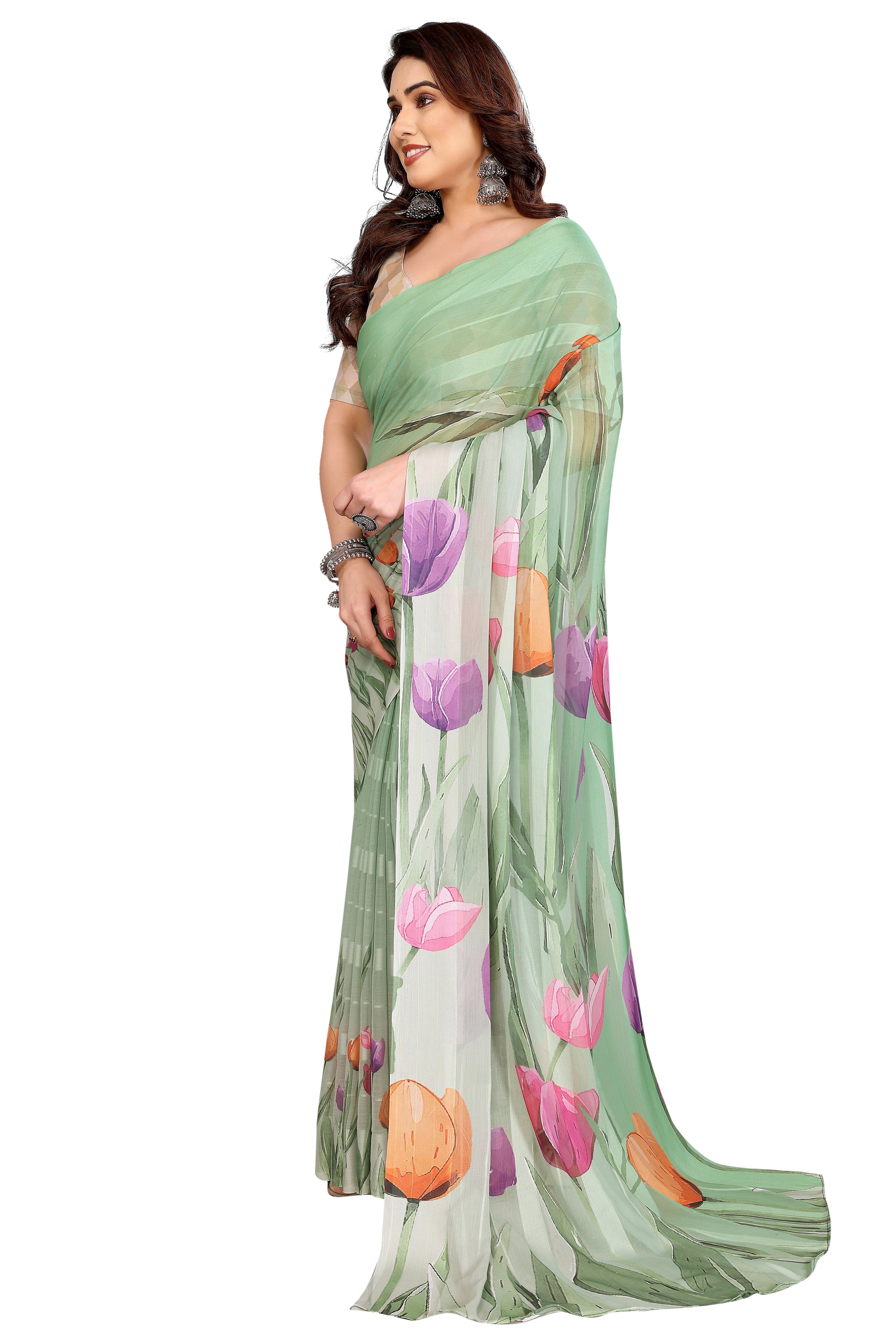 Classic Green Floral Digital Print Georgette Saree With Refined Zari & Stylish Striped