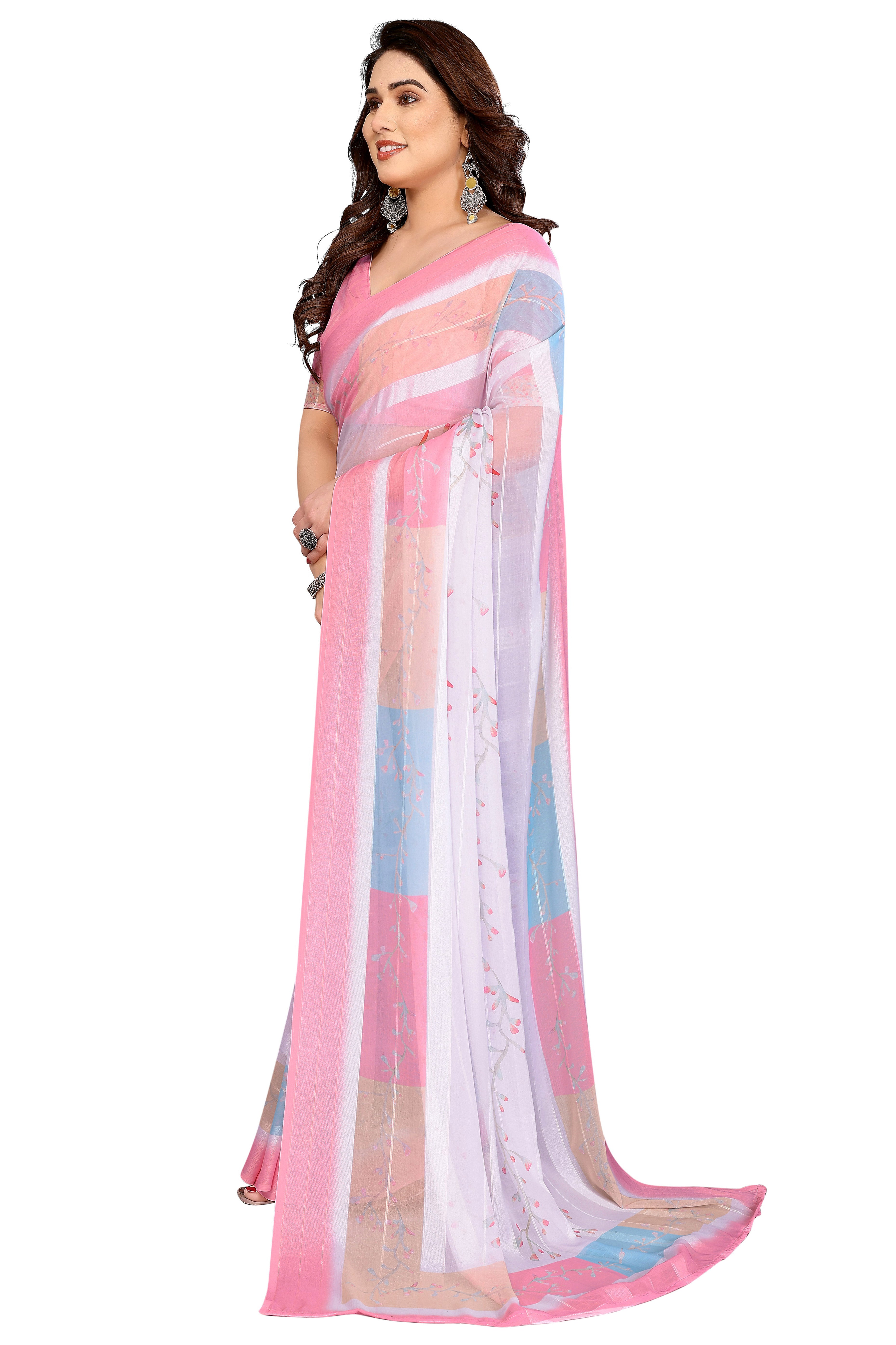 Classic White Floral Digital Print Georgette Saree With Refined Zari & Stylish Striped