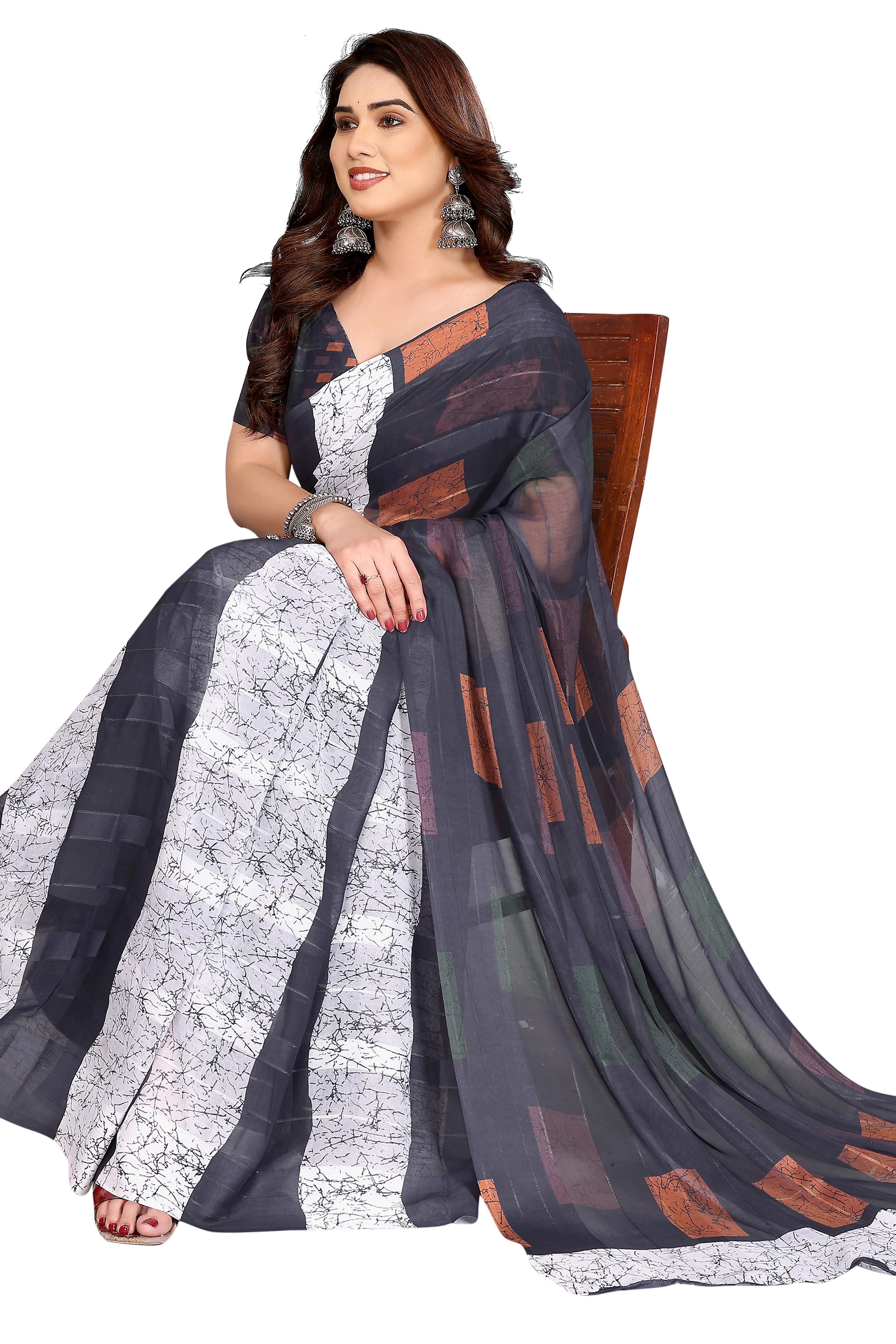 Classic Black Geometric Digital Print Georgette Saree With Refined Zari & Stylish Striped