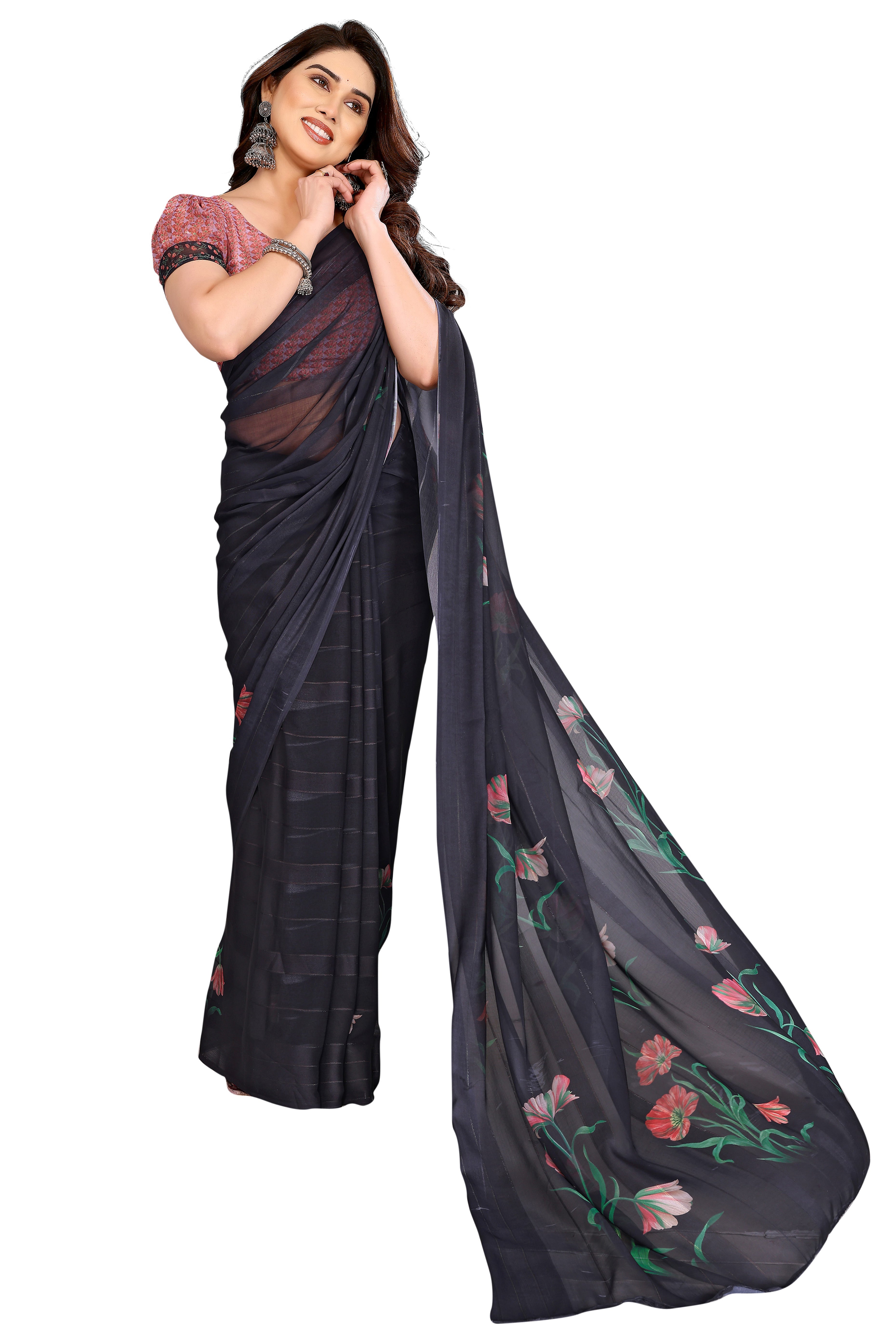 Premium Black Floral Digital Printed Georgette Saree Featuring Delicate Zari & Bright Striped