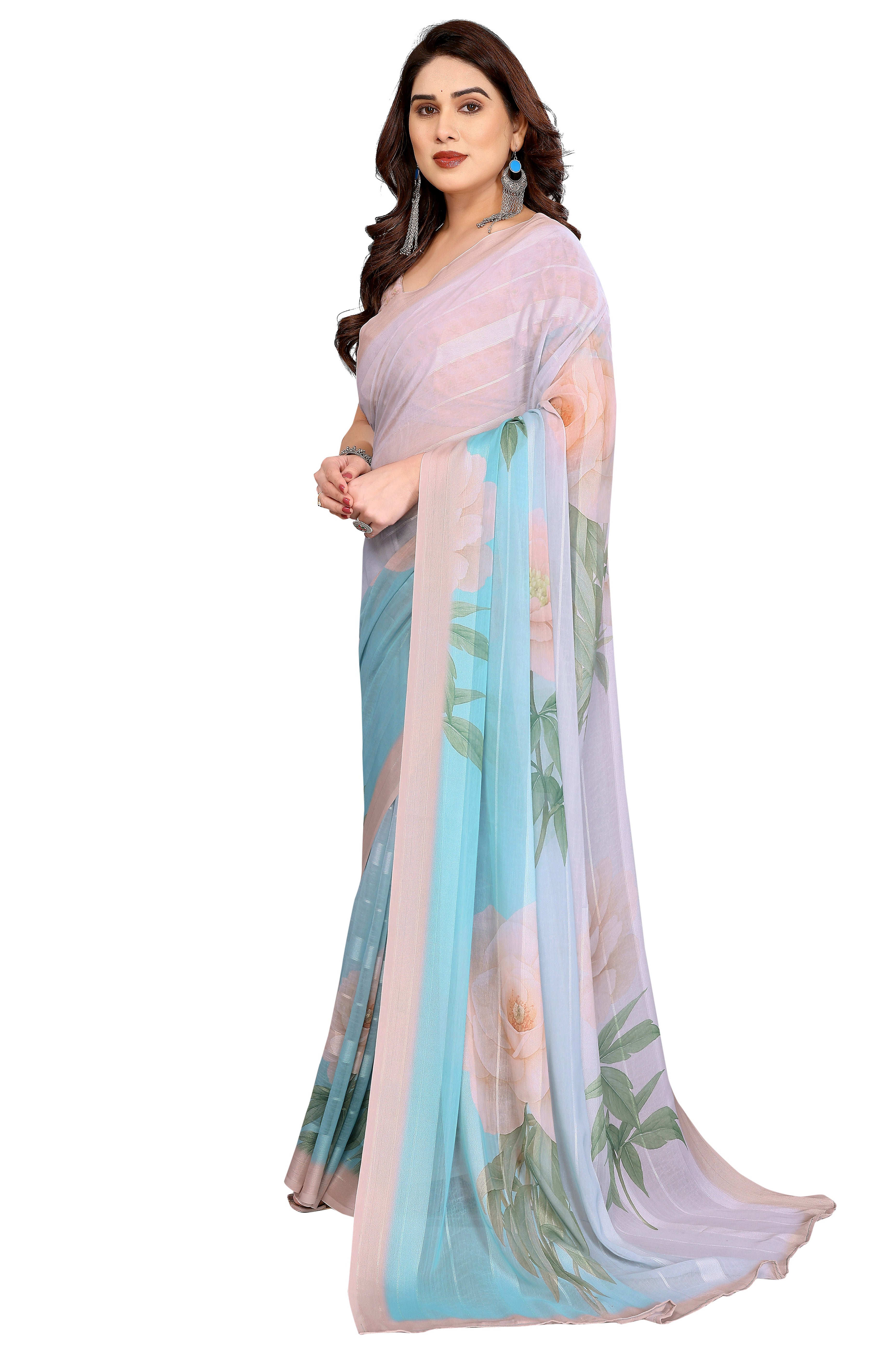 Premium Sky Blue & Grey Floral Digital Printed Georgette Saree With Delicate Zari & Bright Striped