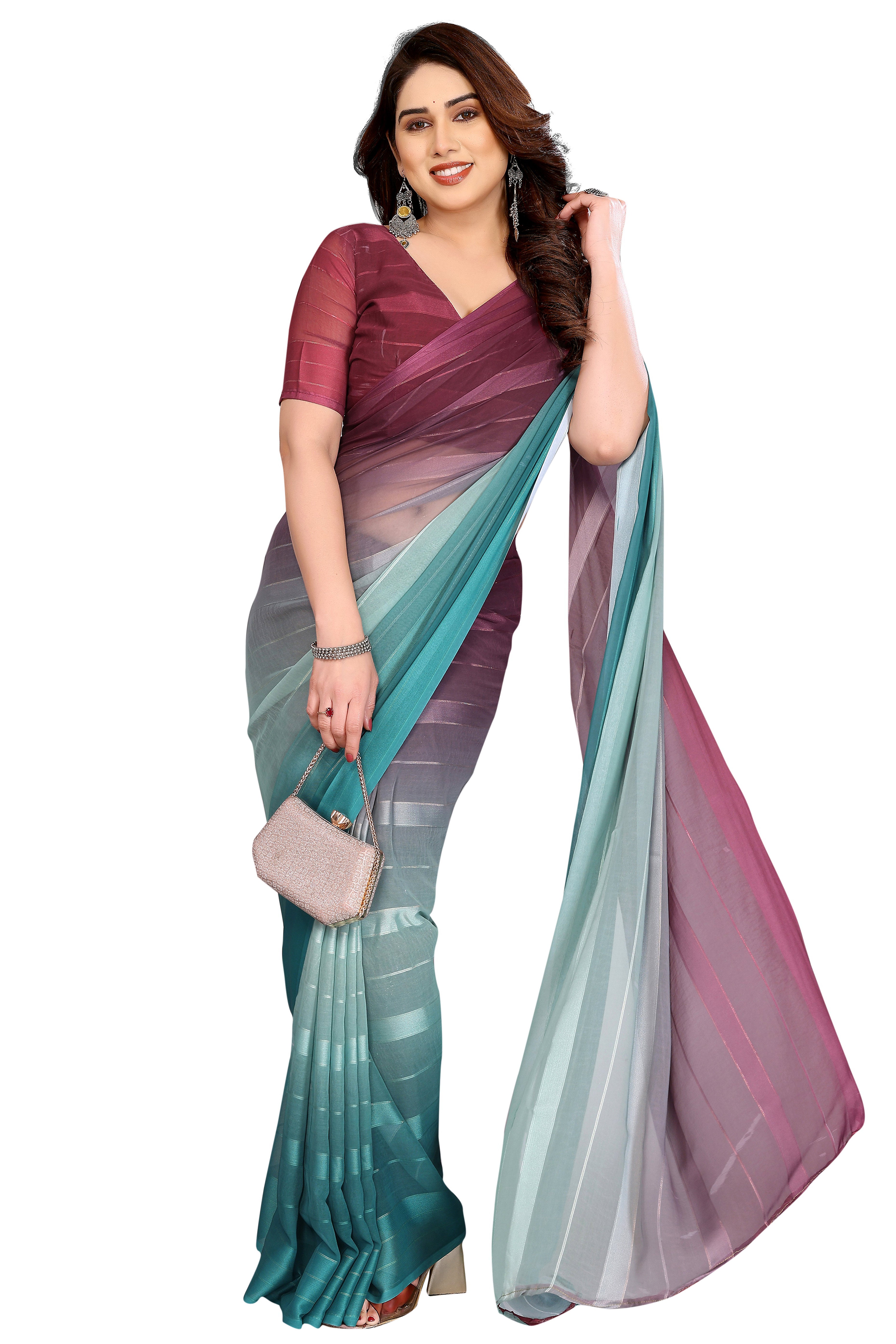 Premium Teal & Green Digital Printed Georgette Saree Featuring Delicate Zari & Bright Striped