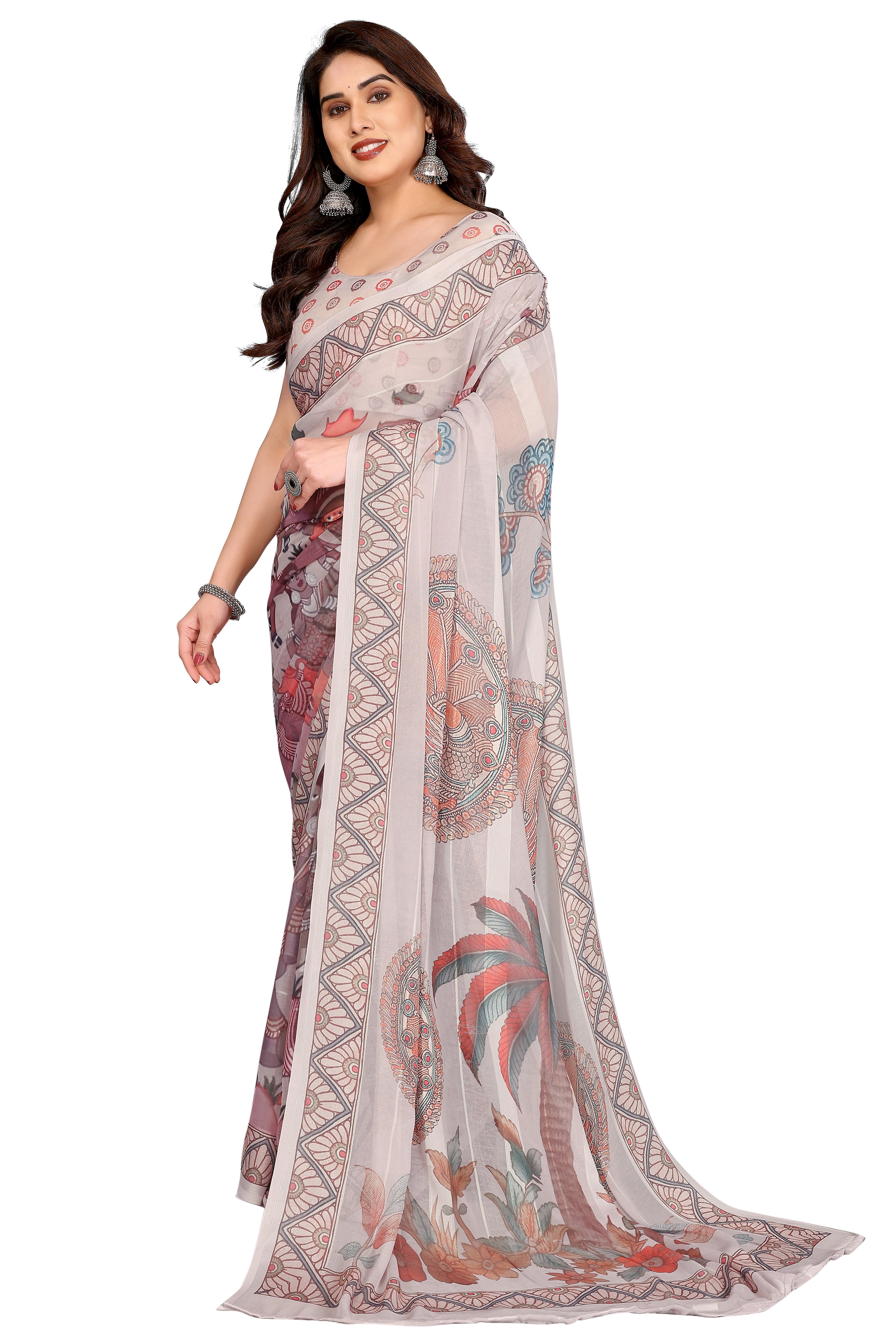 Luxury Beige Floral Digital Print Georgette Saree With Subtle Zari Highlights & Vibrant Striped