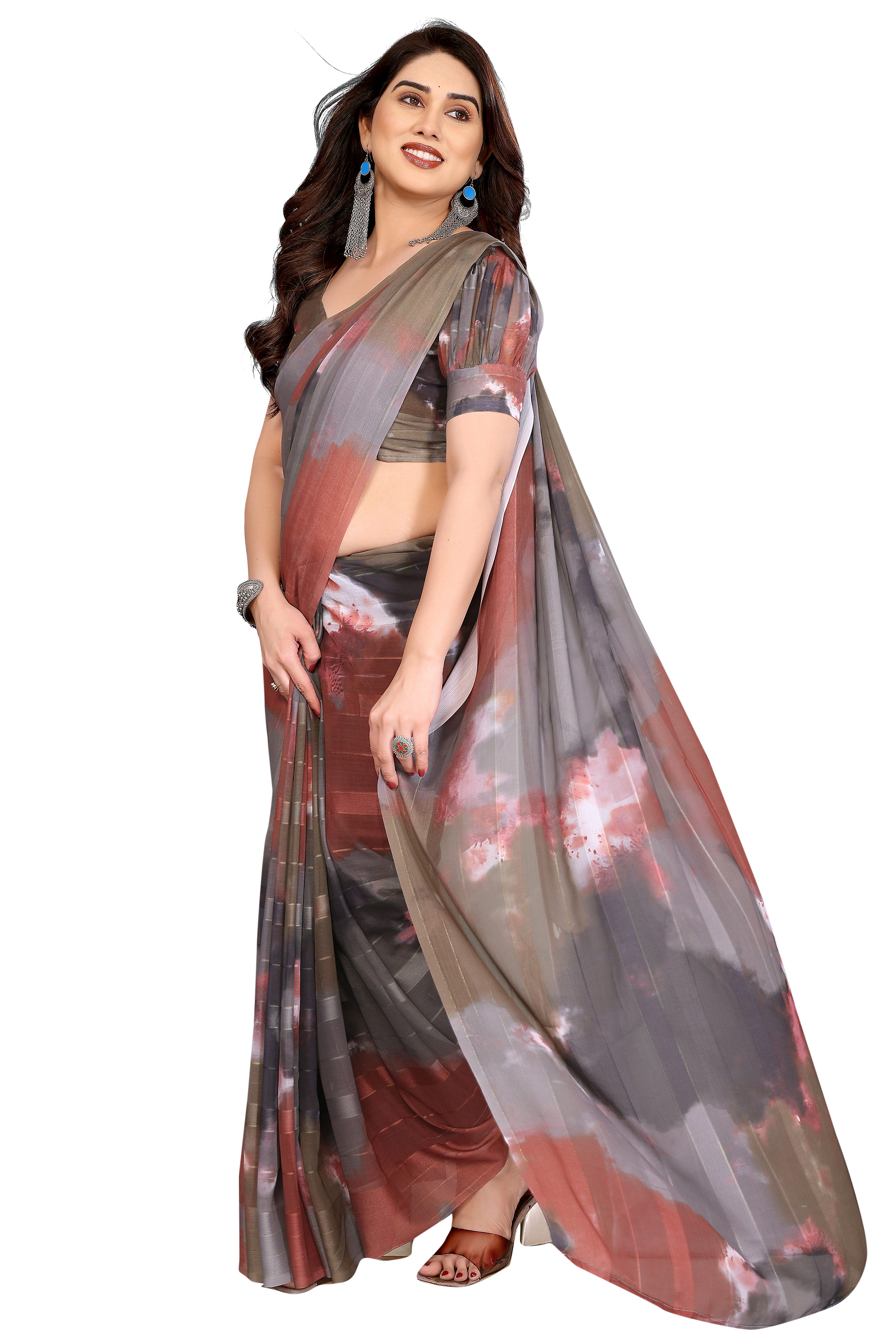 Luxury Multicolor Digital Print Georgette Saree With Subtle Zari Highlights & Vibrant Striped