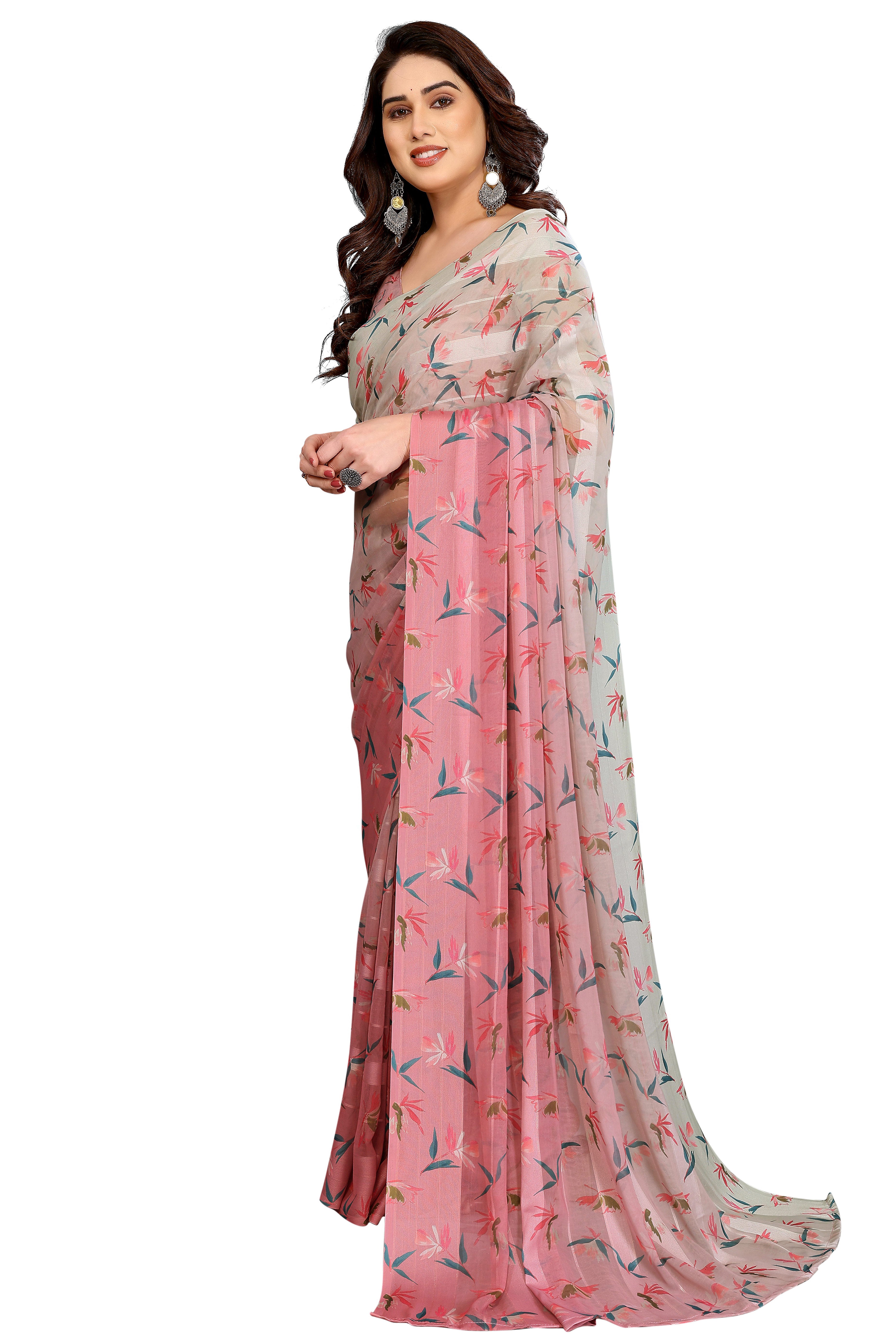Luxury Pink & Beige Floral Digital Print Georgette Saree With Zari Highlights & Vibrant Striped