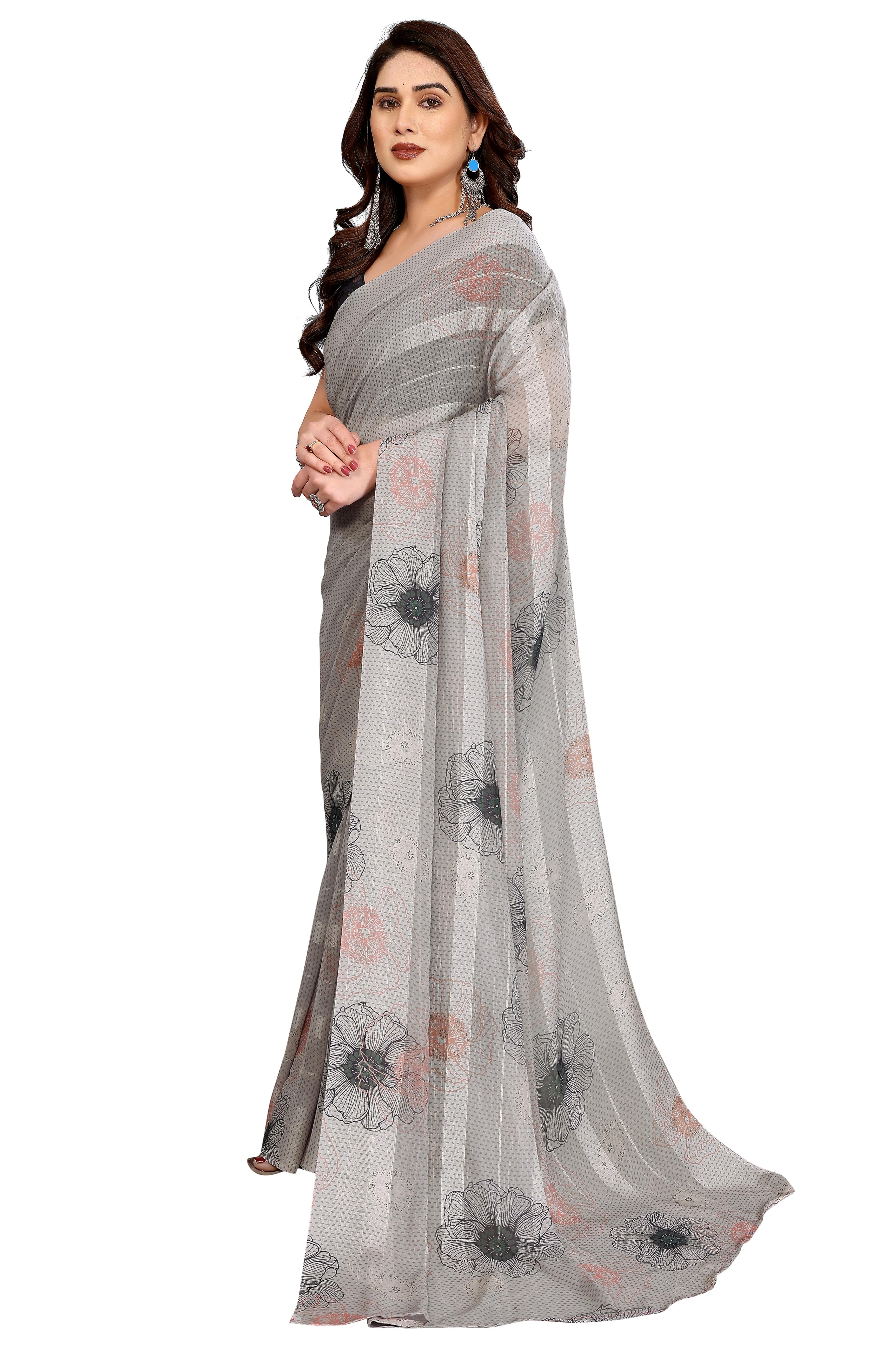 Luxury Grey Floral Digital Print Georgette Saree With Subtle Zari Highlights & Vibrant Striped