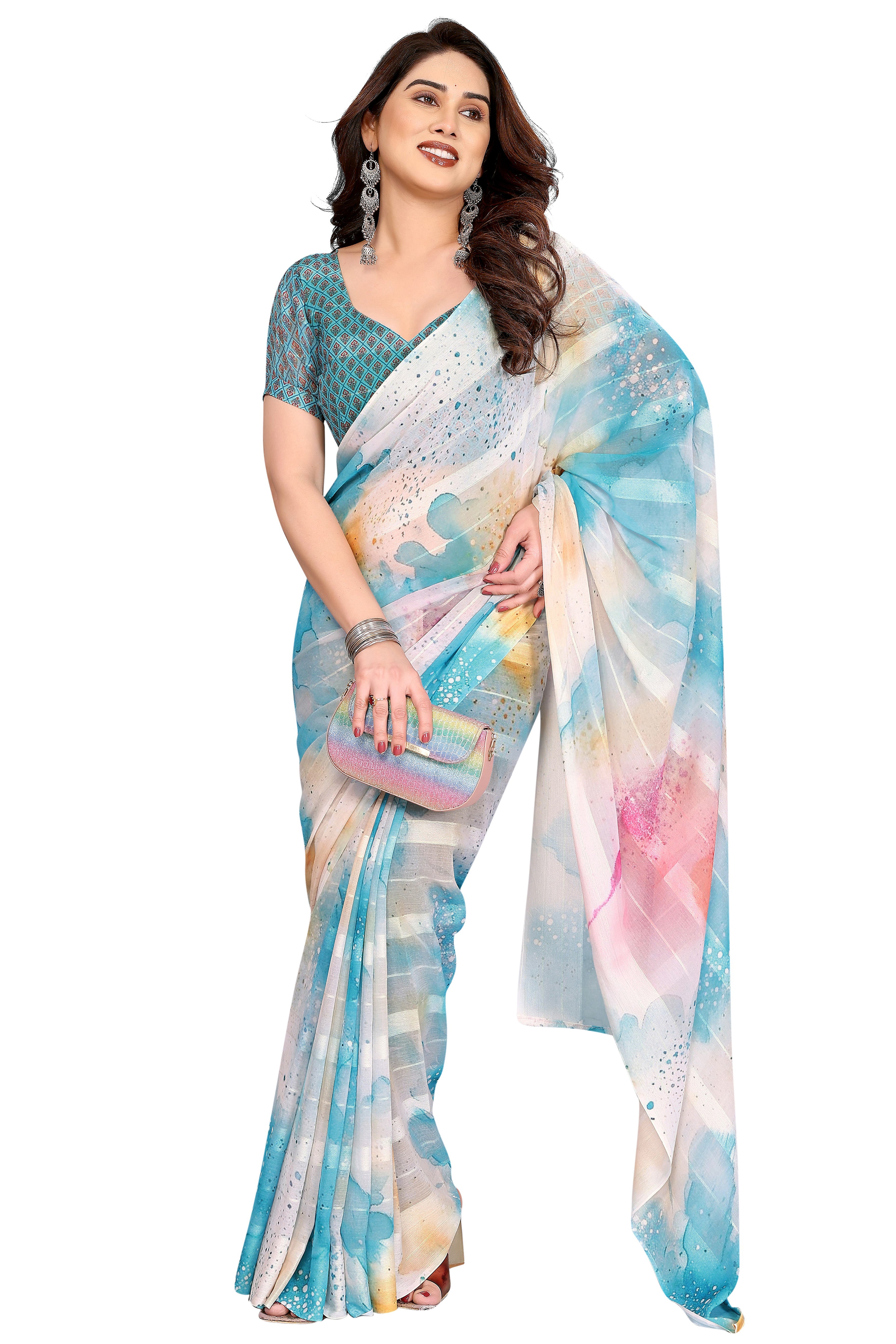 Luxury Multicolor Digital Print Georgette Saree With Subtle Zari Highlights & Vibrant Striped