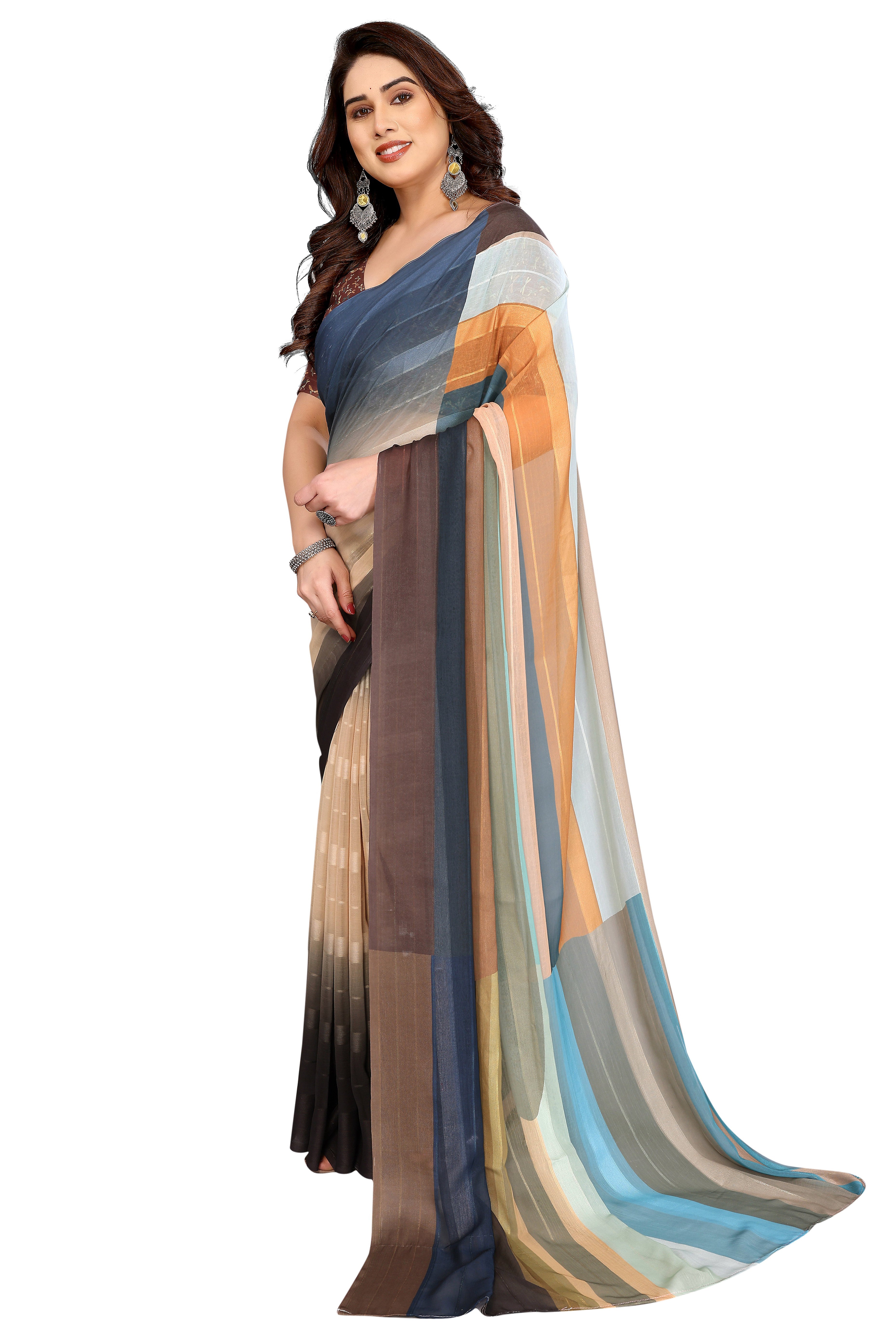 Luxury Multicolor Digital Print Georgette Saree With Subtle Zari Highlights & Vibrant Striped