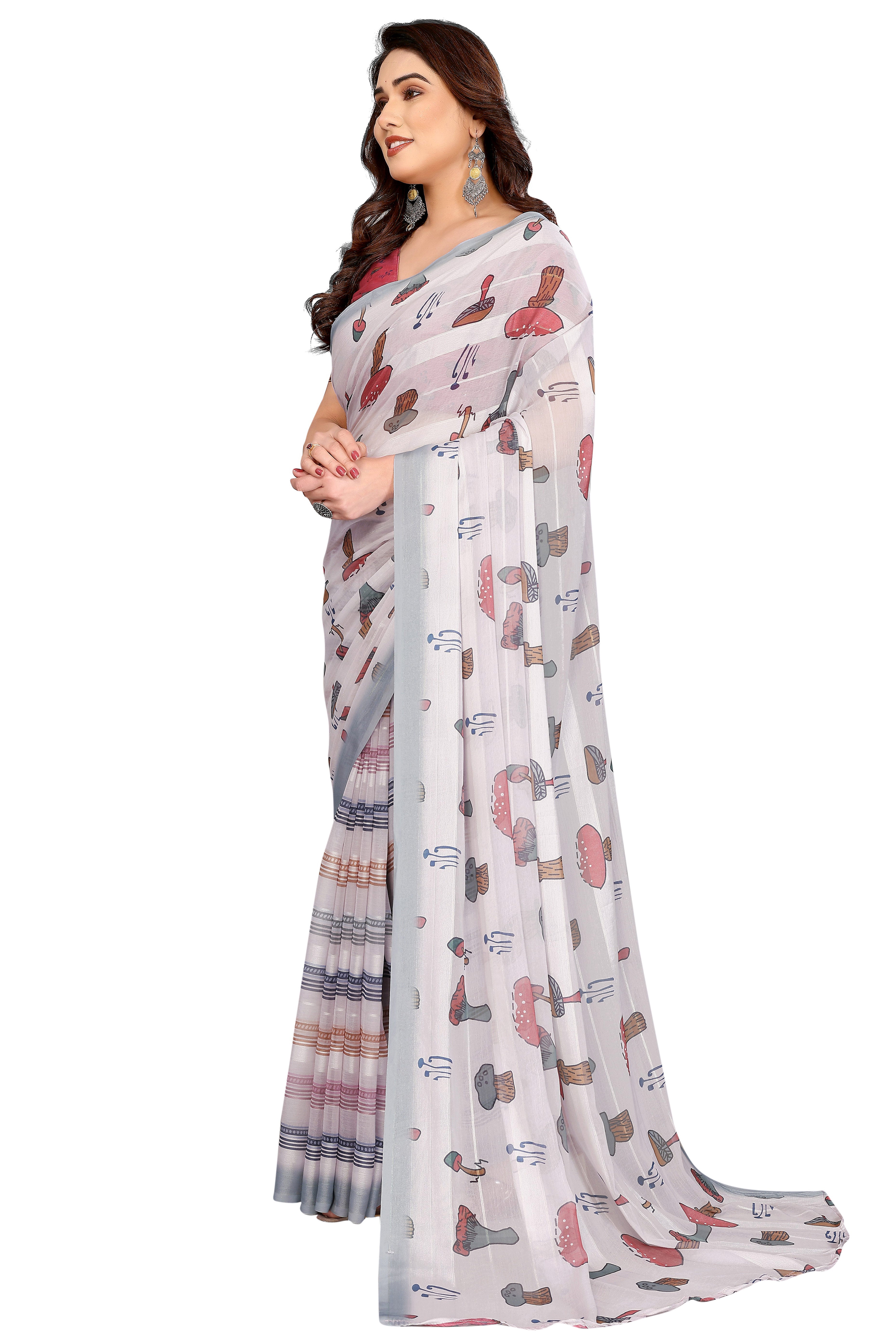 Luxury Offwhite Digital Print Georgette Saree With Subtle Zari Highlights & Vibrant Striped