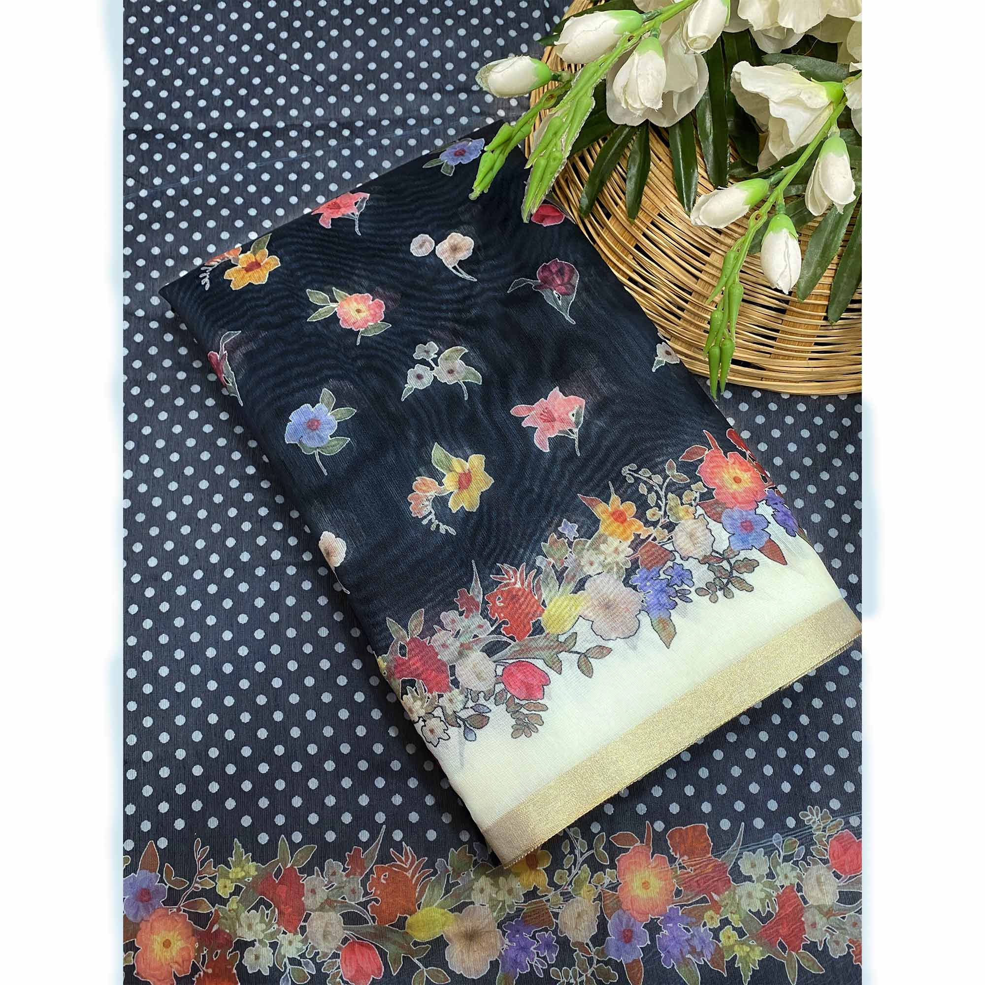 Black Floral Digital Print Chanderi Cotton Saree Enhanced With Charming Zari Weaving Border