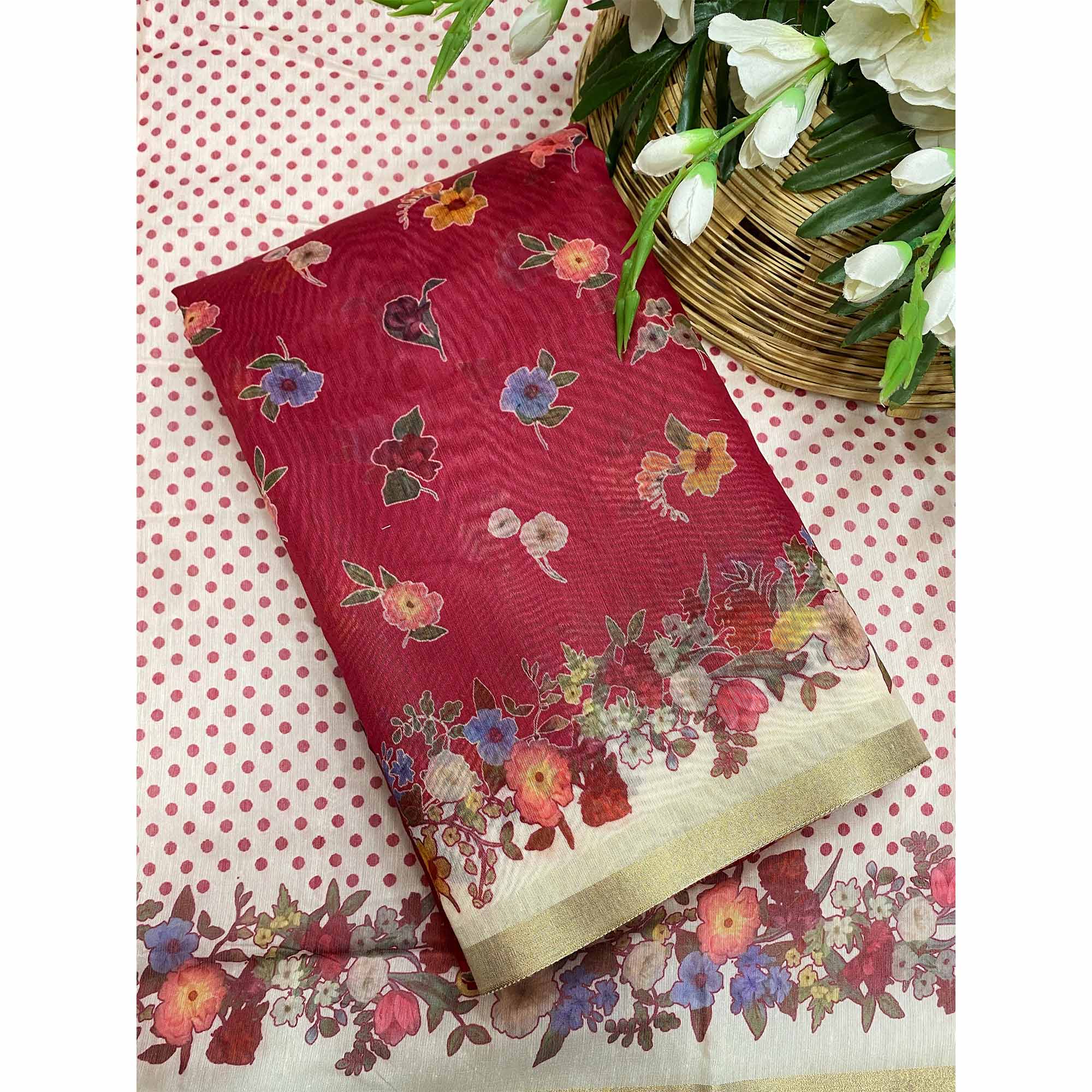 Pink Floral Digital Print Chanderi Cotton Saree Enhanced With Charming Zari Weaving Border