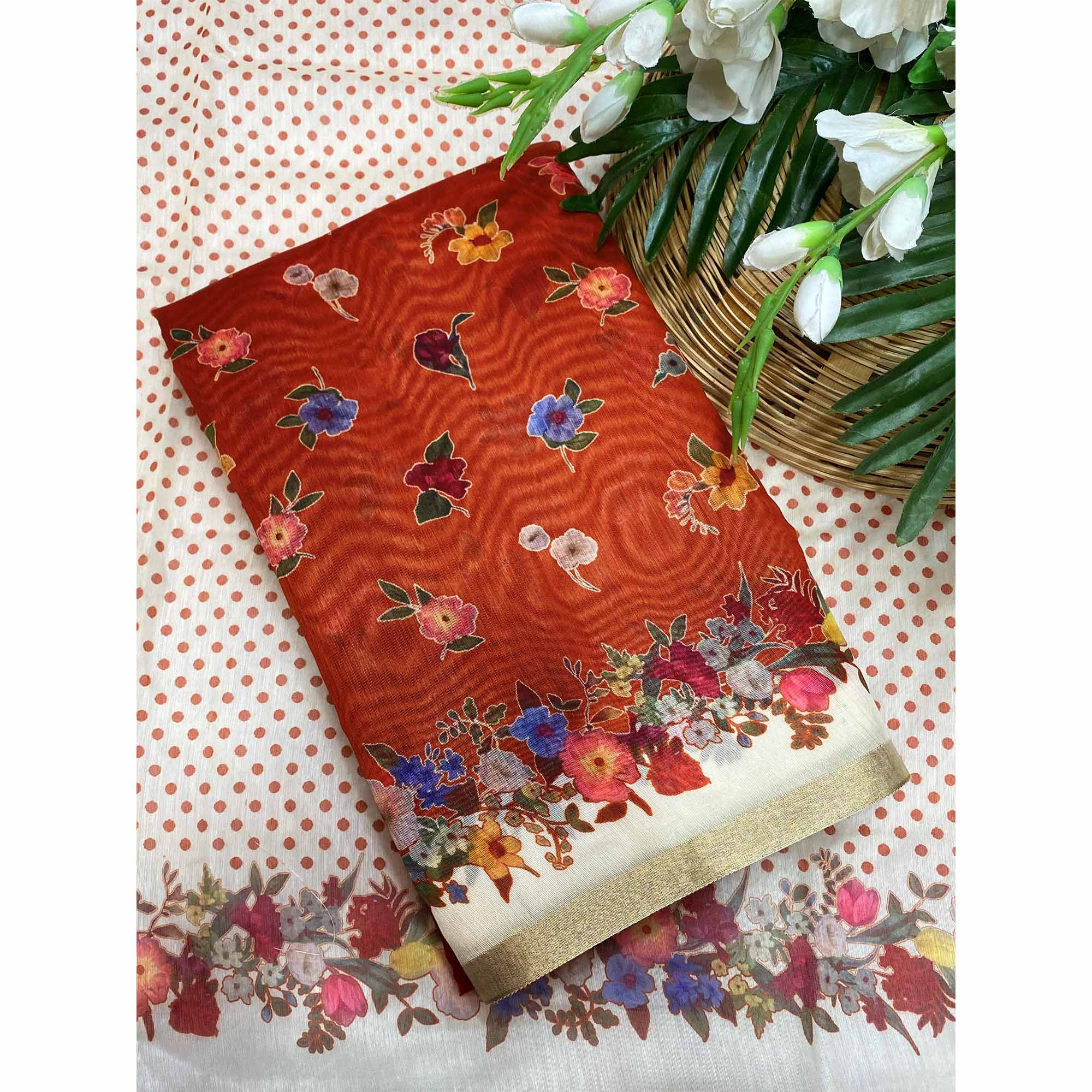 Rust Floral Digital Print Chanderi Cotton Saree Enhanced With Charming Zari Weaving Border