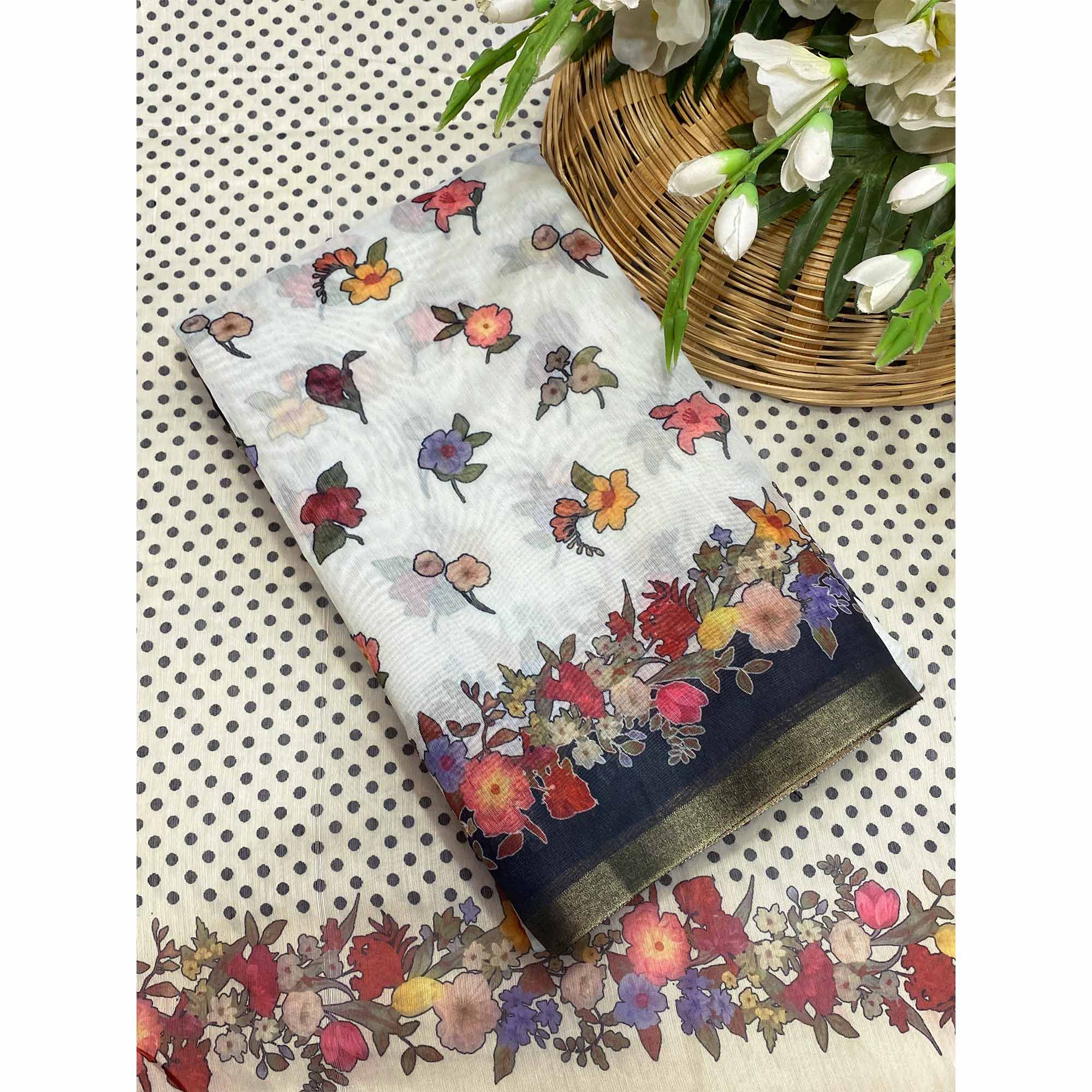 White Floral Digital Print Chanderi Cotton Saree Enhanced With Charming Zari Weaving Border