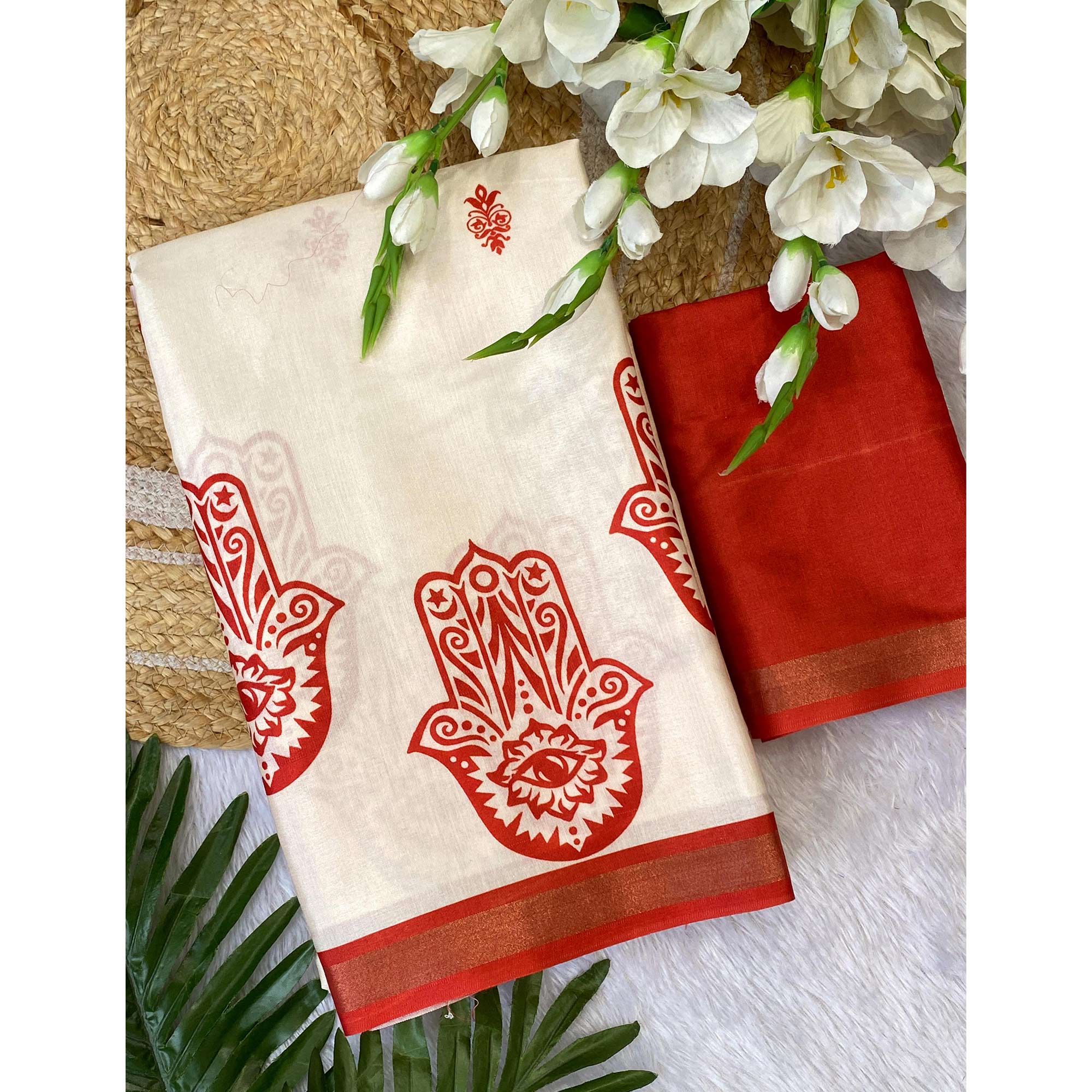 Graceful Offwhite & Red Durga Maa Digital Printed Saree With Sacred Motifs & Contrast Border