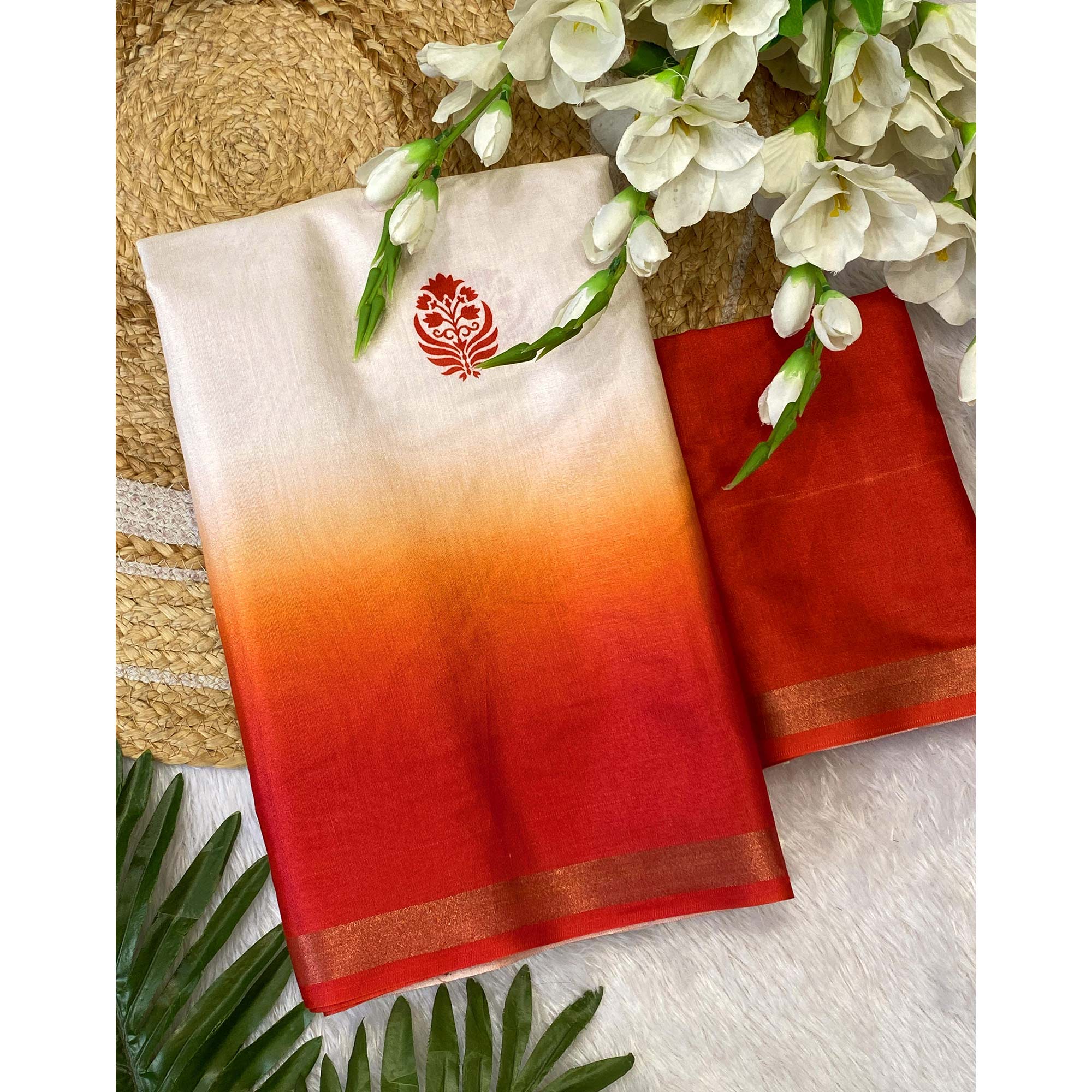 Majestic Offwhite & Red Durga Maa Digital Printed Saree With Sacred Motifs & Contrast Border