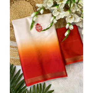 Majestic Offwhite & Red Durga Maa Digital Printed Saree With Sacred Motifs & Contrast Border