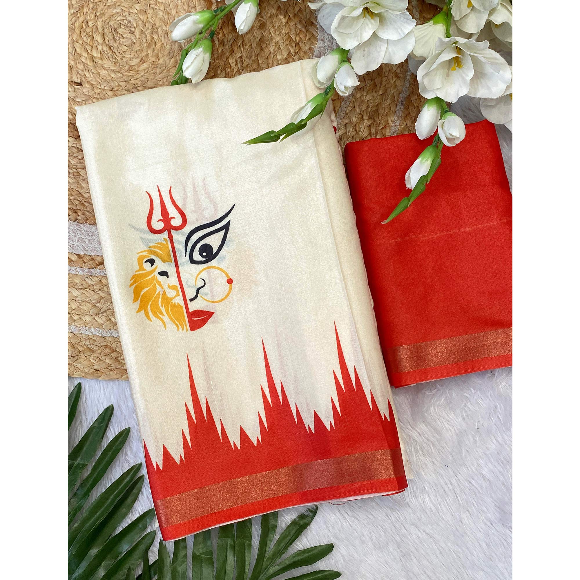 Exquisite Offwhite & Red Durga Maa Digital Printed Saree With Sacred Motifs & Contrast Border