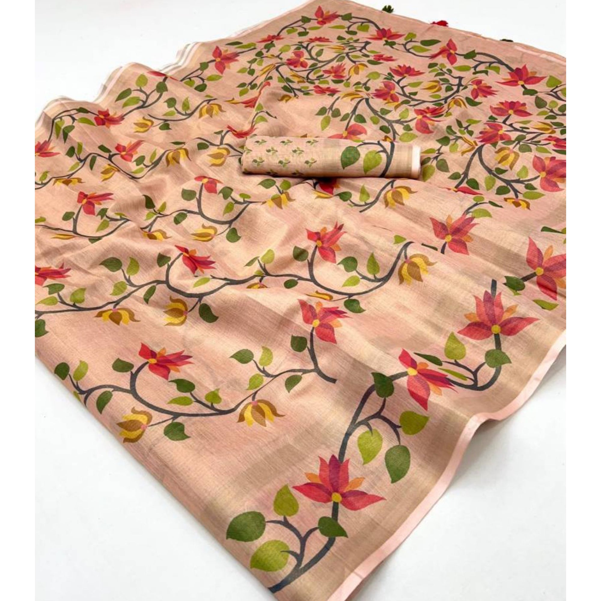 Peach Floral Printed Tissue Cotton Silk Saree Enhanced with a Classic Zari Weaving Border