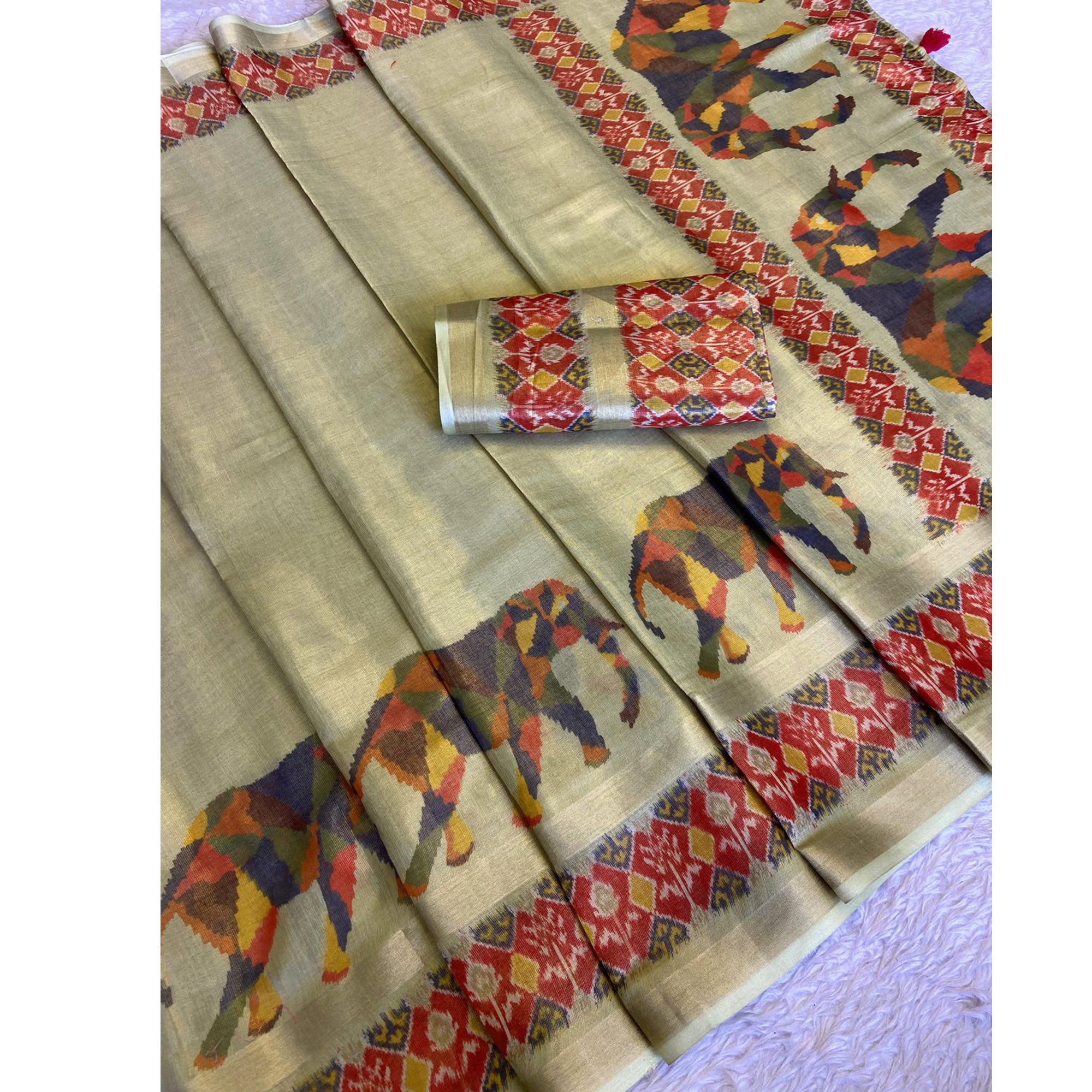 Green Digital Print Saree in Premium Tissue Cotton Silk for Festive & Elegant Styling