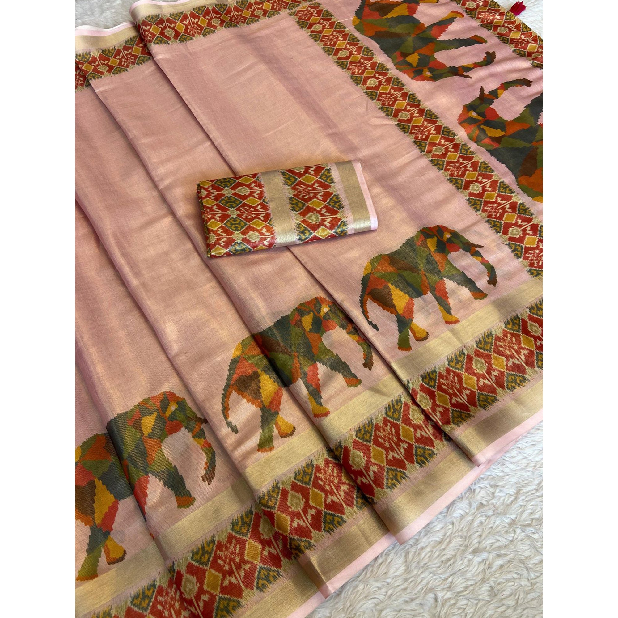 Pink Digital Print Saree in Premium Tissue Cotton Silk for Festive & Elegant Styling
