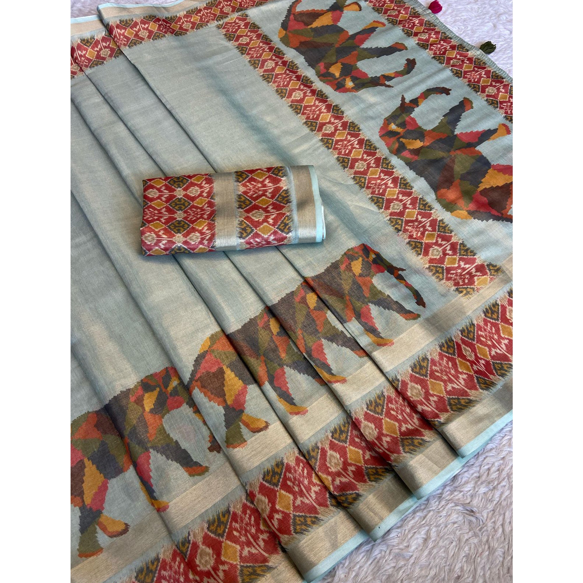 Sky Blue Digital Print Saree in Premium Tissue Cotton Silk for Festive & Elegant Styling