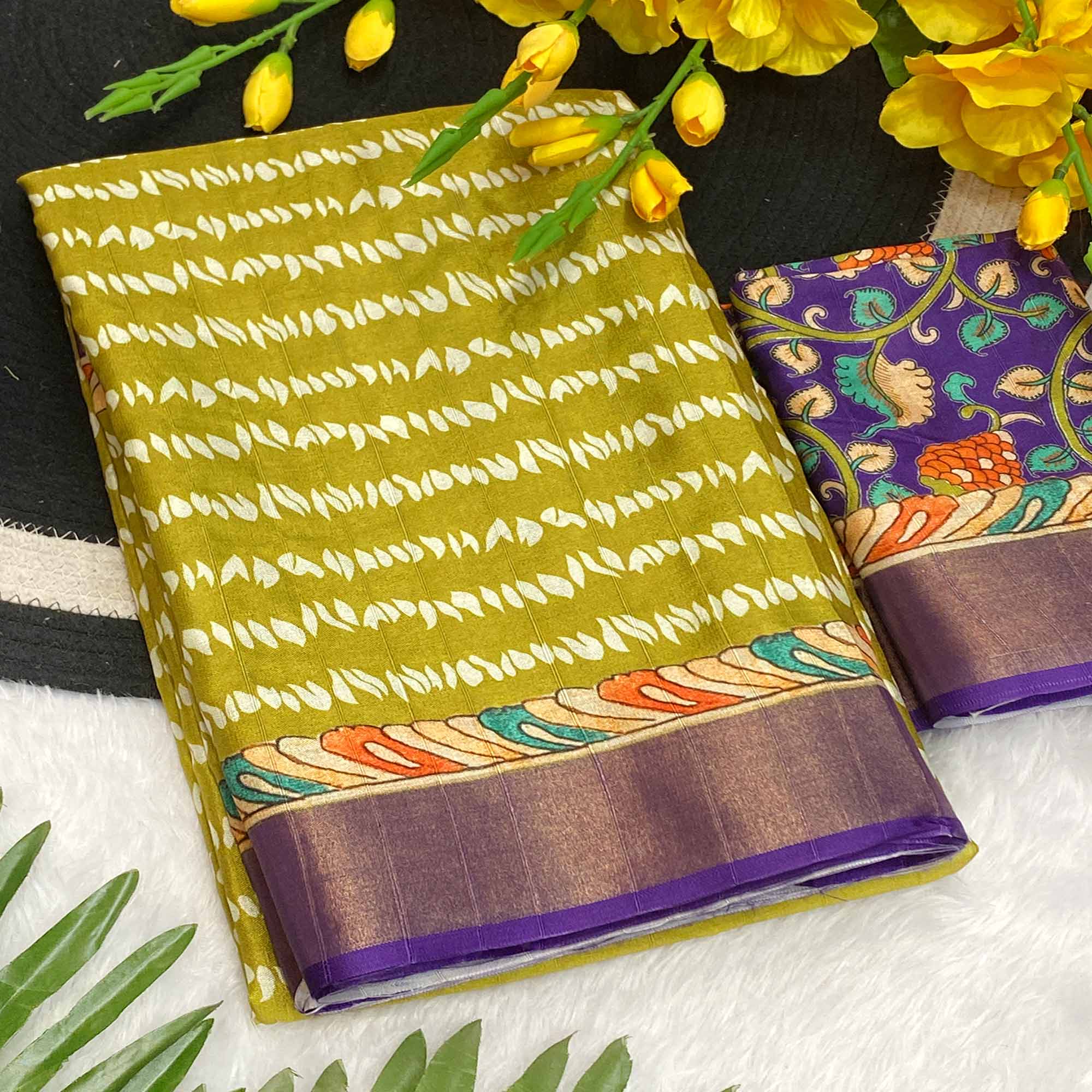 Mehendi Green Tusser Art Silk Saree Embellished With Peacock Print & Zari Border Work