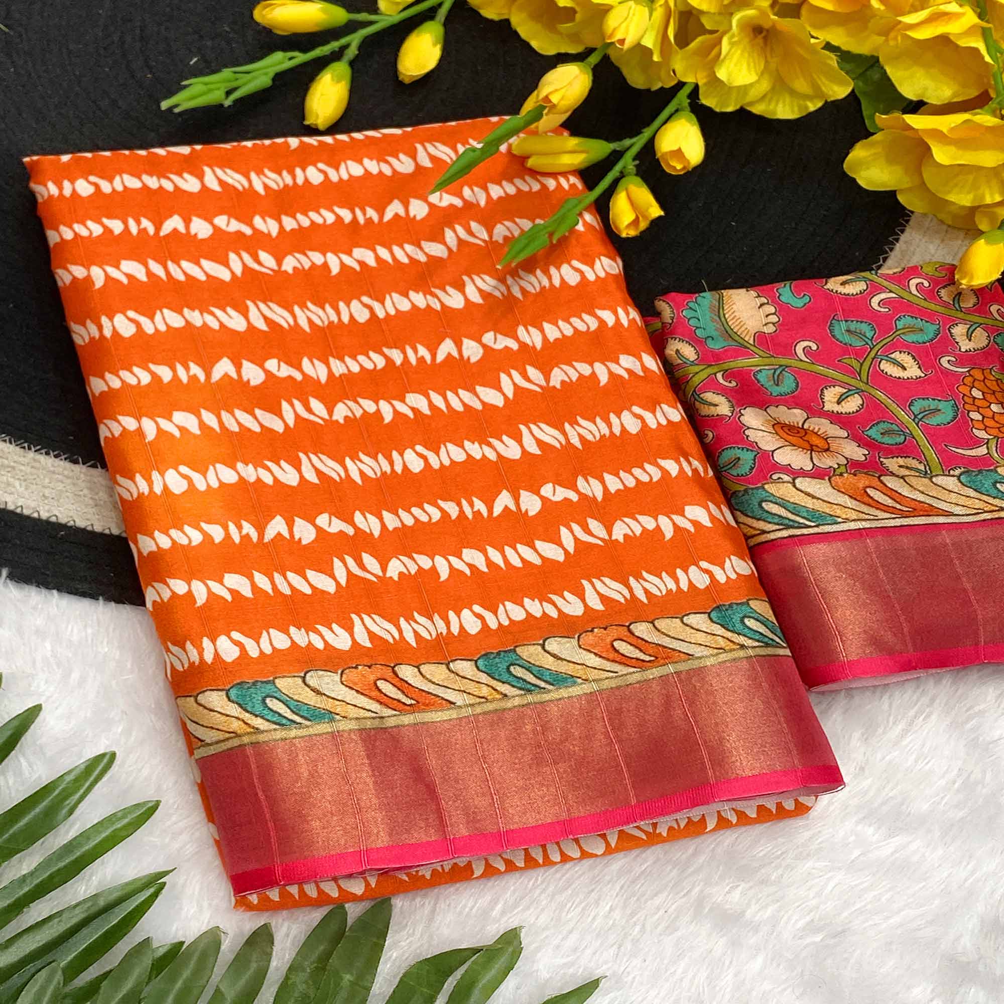 Orange Tusser Art Silk Saree Embellished With Peacock Print & Zari Border Work