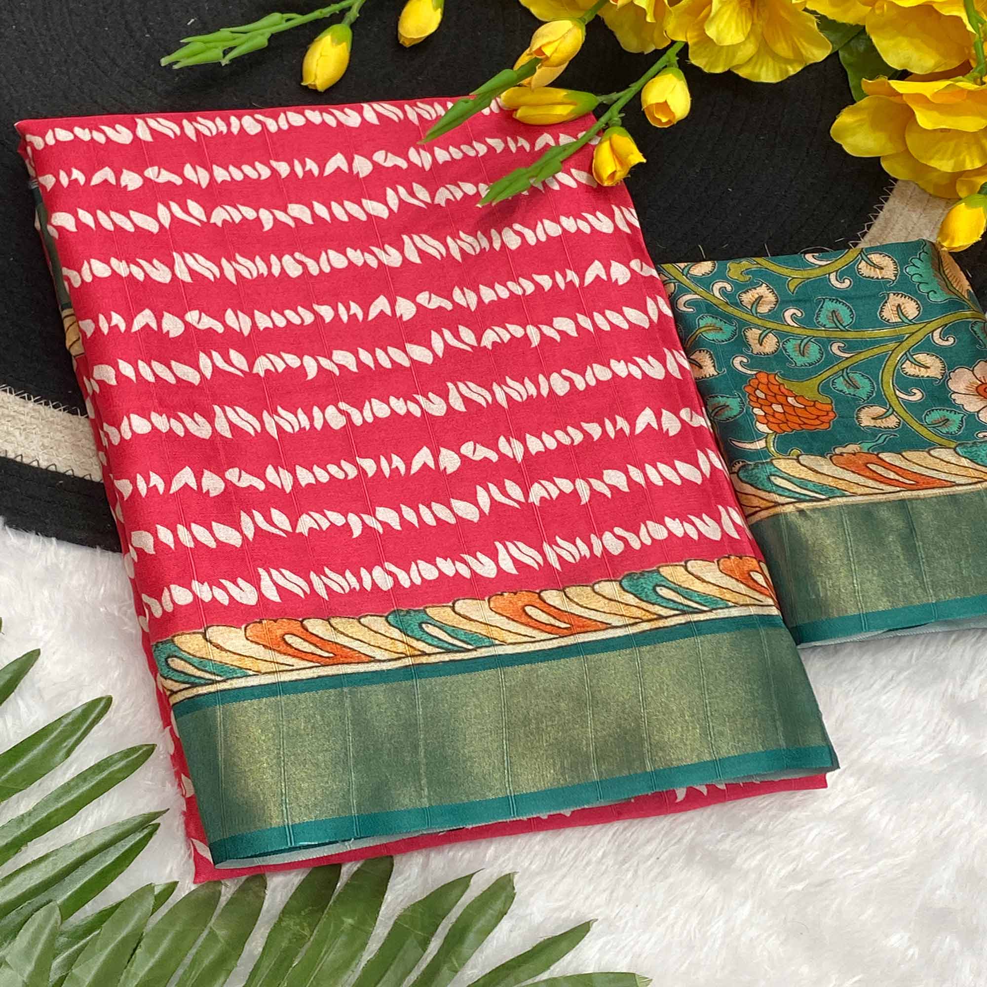 Pink Tusser Art Silk Saree Embellished With Peacock Print & Zari Border Work