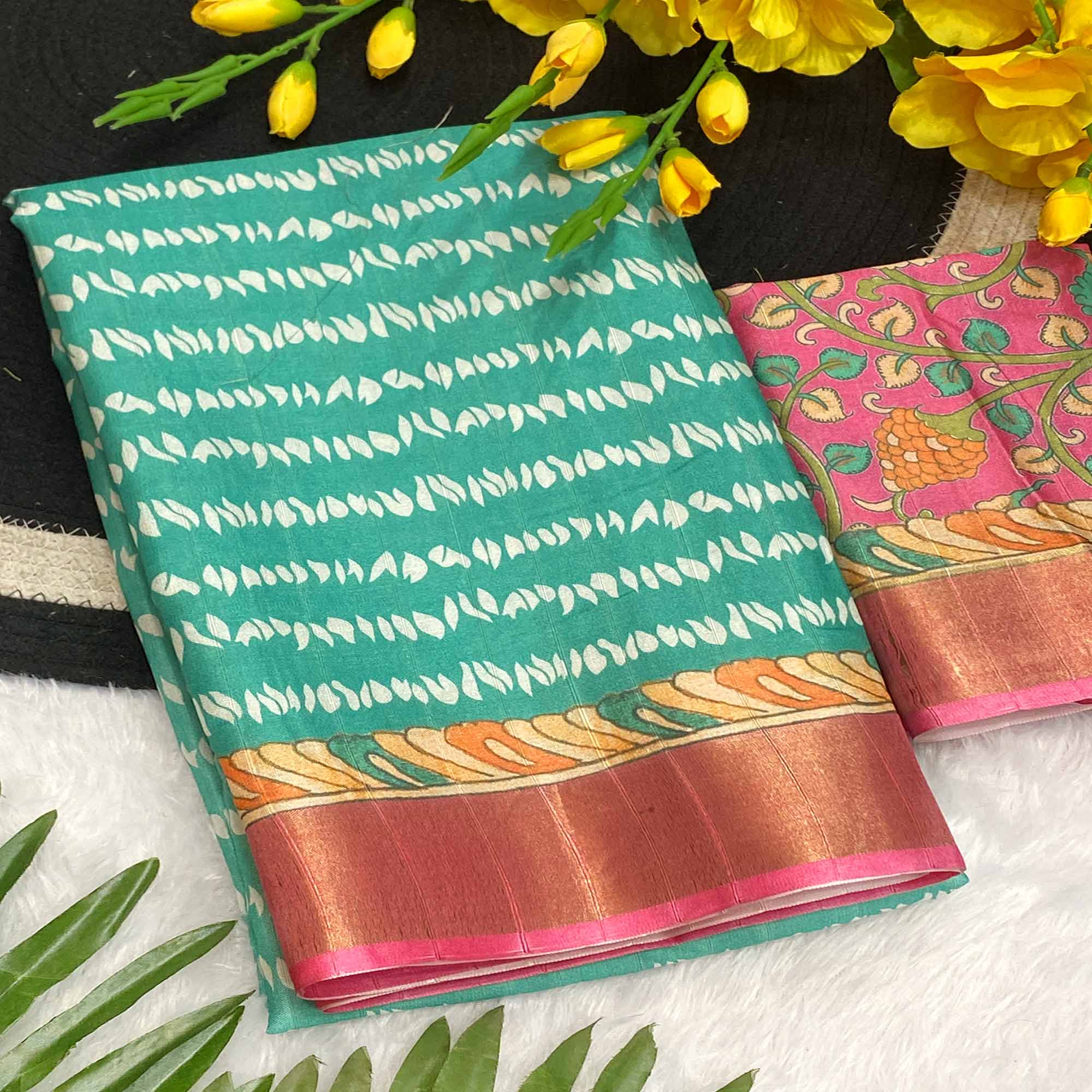 Turquoise Tusser Art Silk Saree Embellished With Peacock Print & Zari Border Work