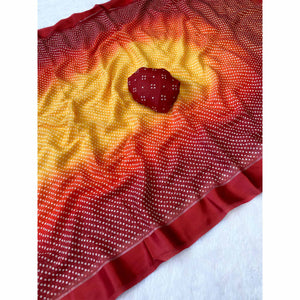Designer Bandhani Saree in Yellow & Red Crafted from Soft Moss Georgette